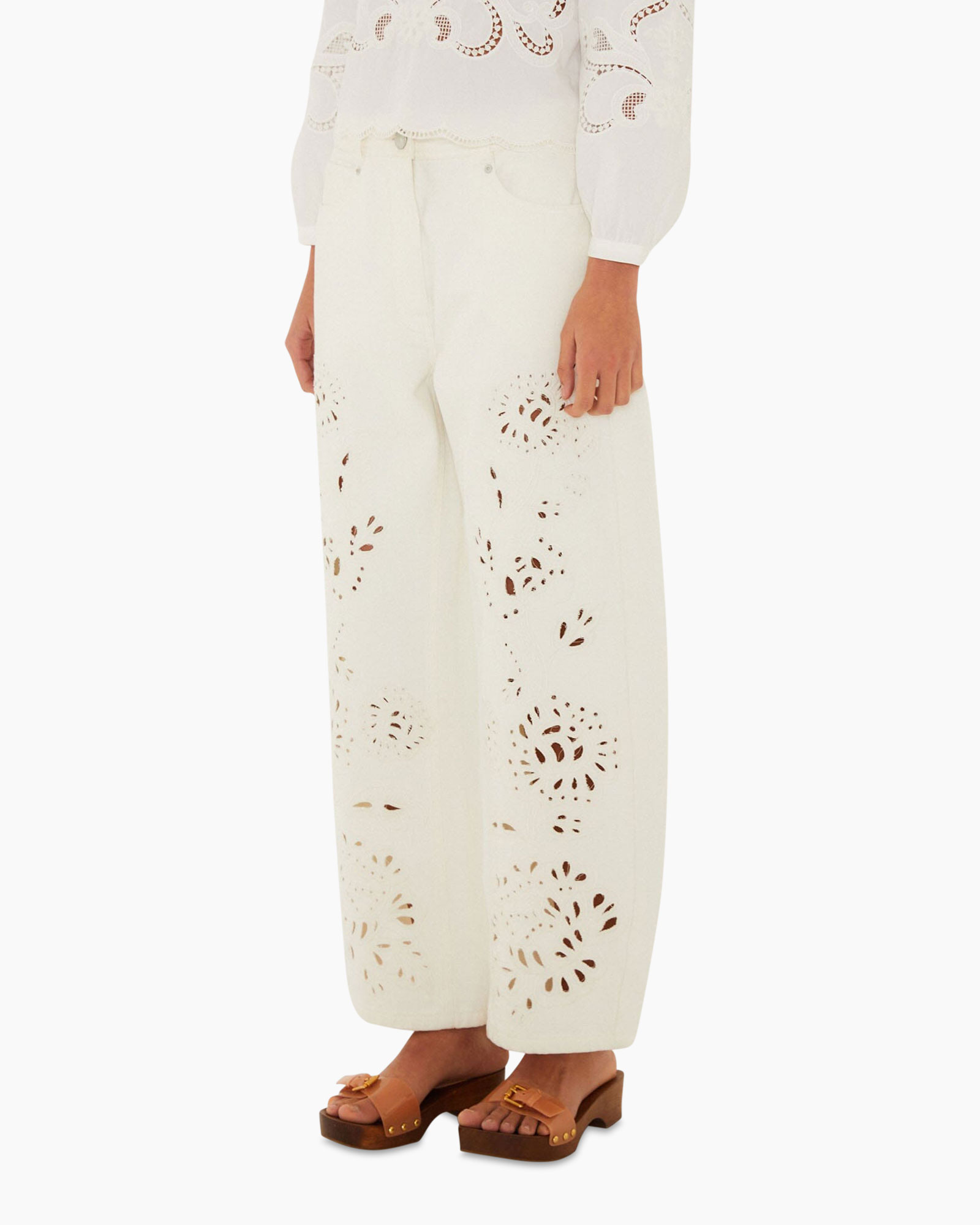 pants, white, eyelet, embroidery, wide-leg