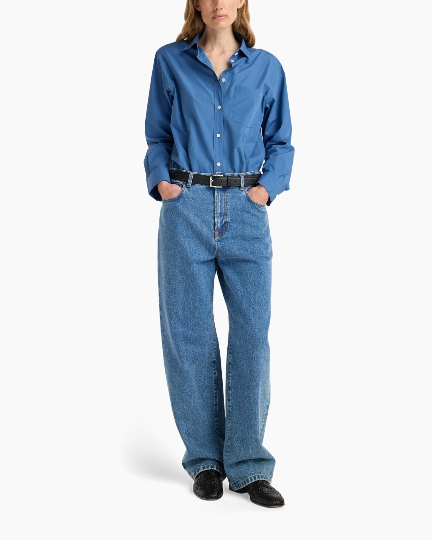 blue shirt, button-down, collared, long-sleeve, denim jeans