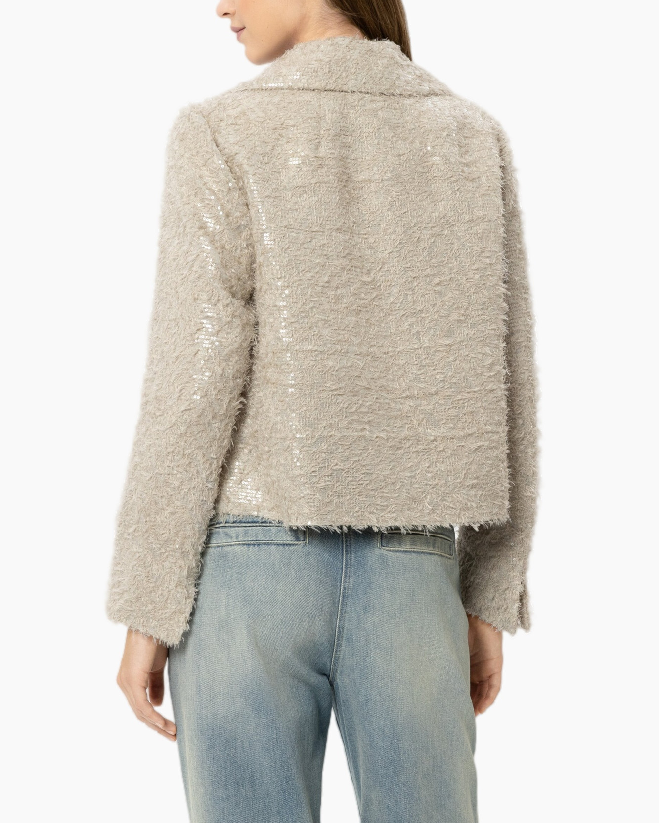 sequined jacket, beige boucle, blazer, cropped jacket, texture coat