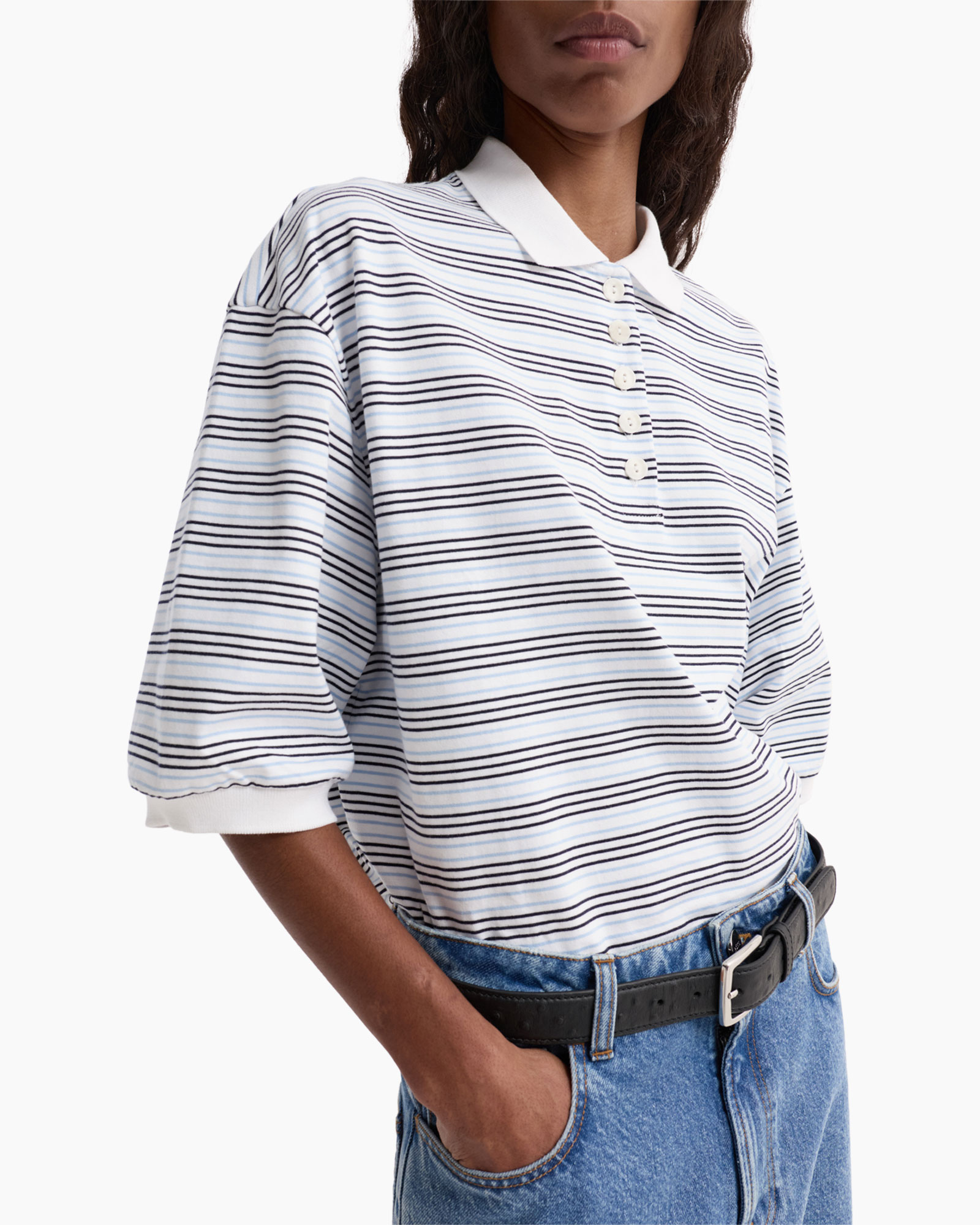 striped polo, short sleeve, collared shirt, midweight knit, blue white striped,  polo,  striped shirt,  long sleeve,  white collar,  denim jeans