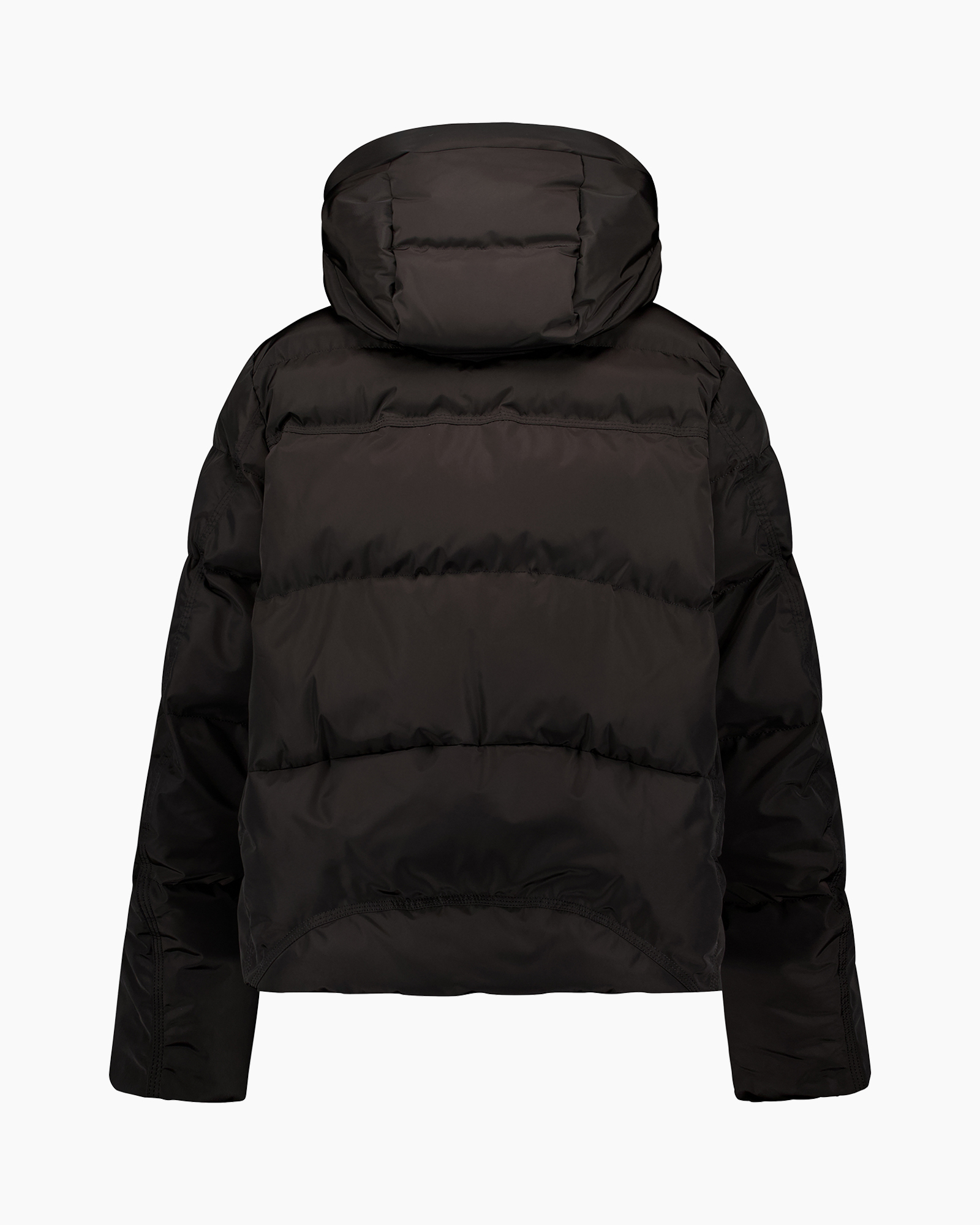 puffer jacket, hooded, black, down fill, long sleeves