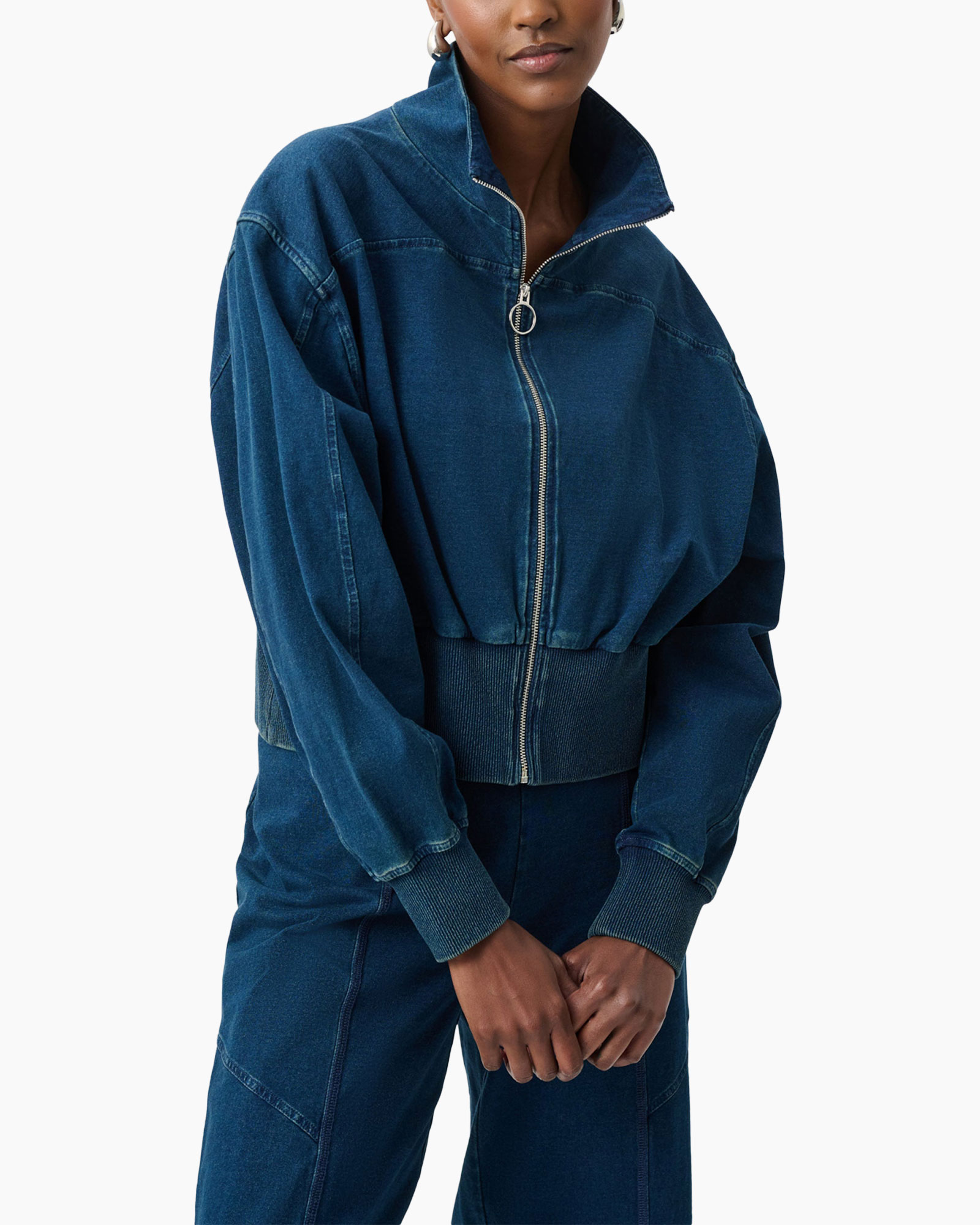 denim, jacket, zipper, high collar, punched rib knit waistband
