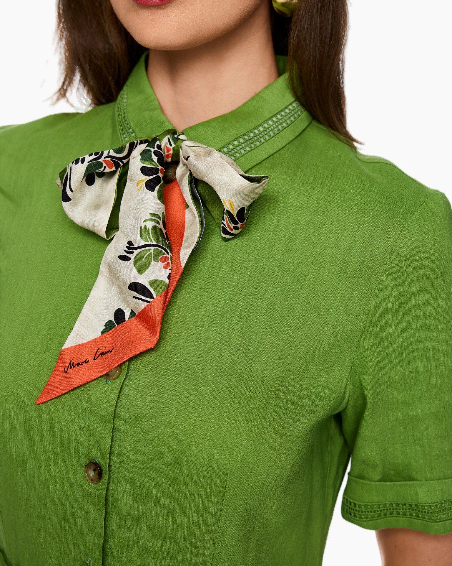 neck scarf, floral pattern, green orange, silk scarf, square scarf