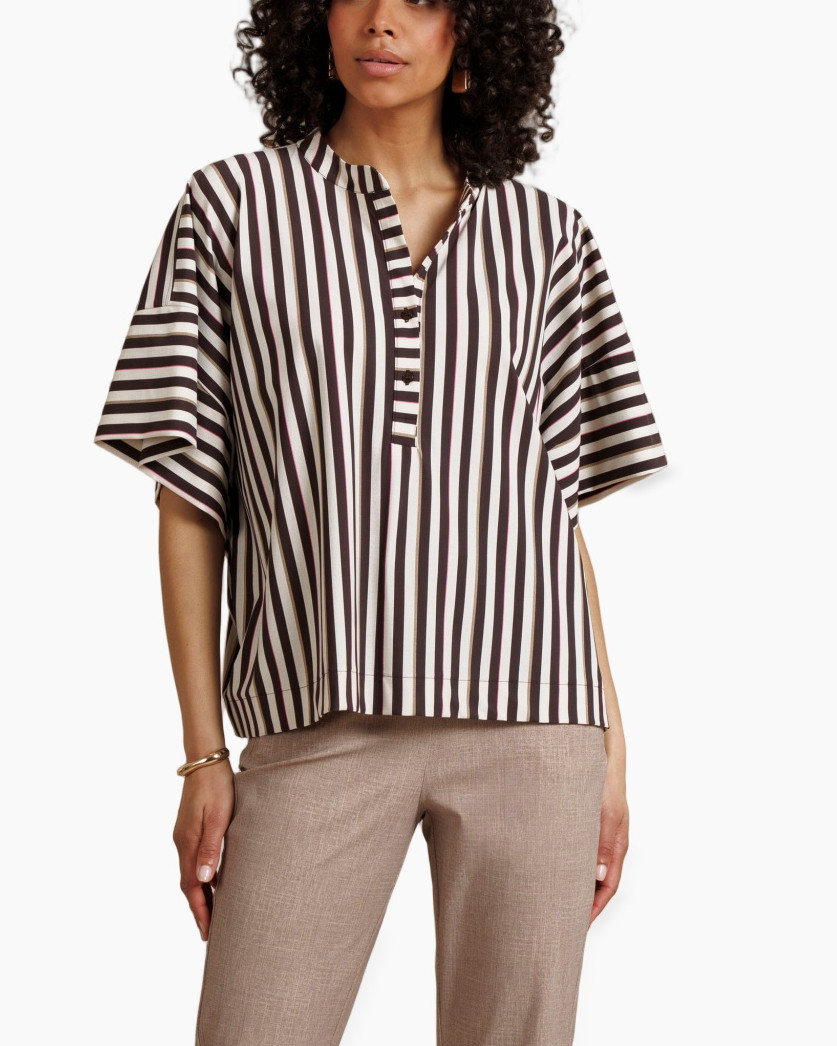 striped blouse, short sleeves, button placket, v-neck, black white beige