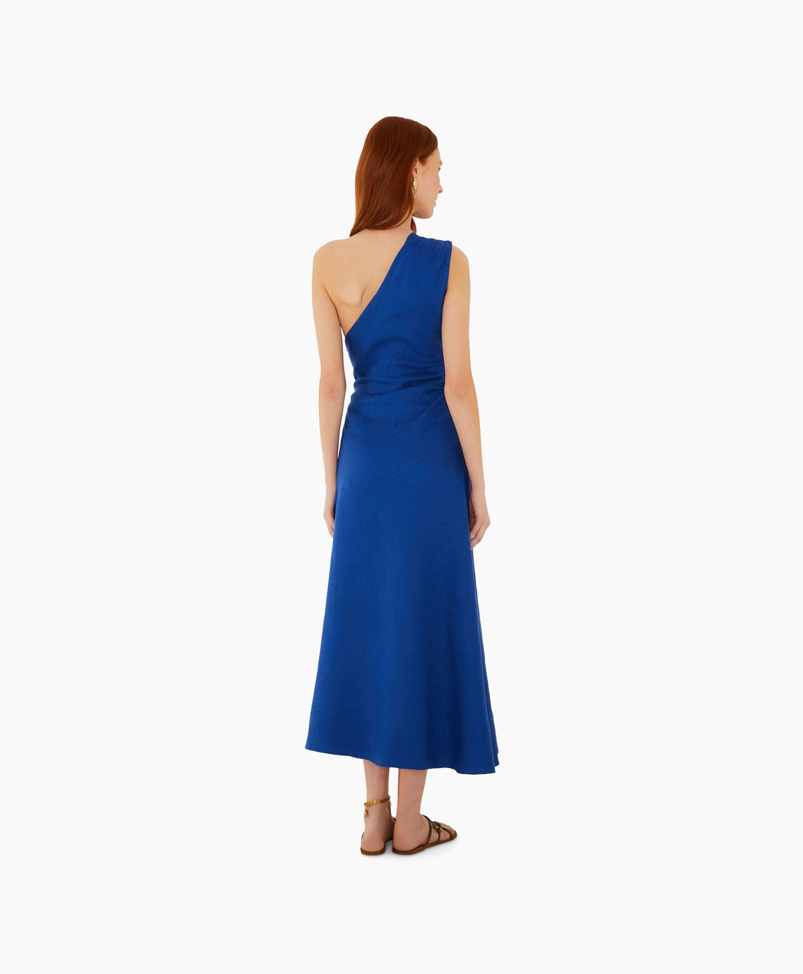 one-shoulder dress, blue dress, mid-length dress, sleeveless, ankle-length