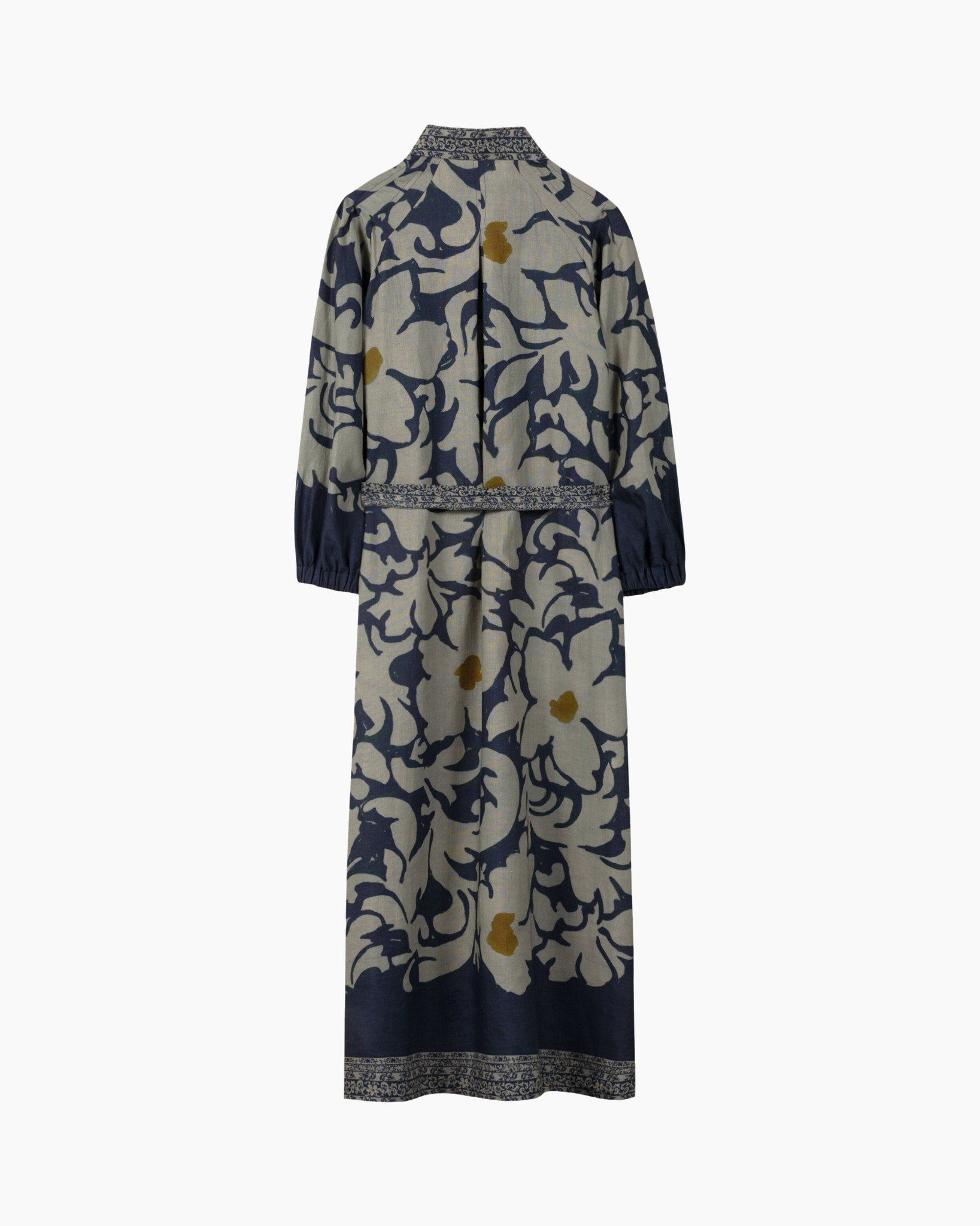 maxi dress, floral pattern, long sleeve, crew neck, two-tone blue