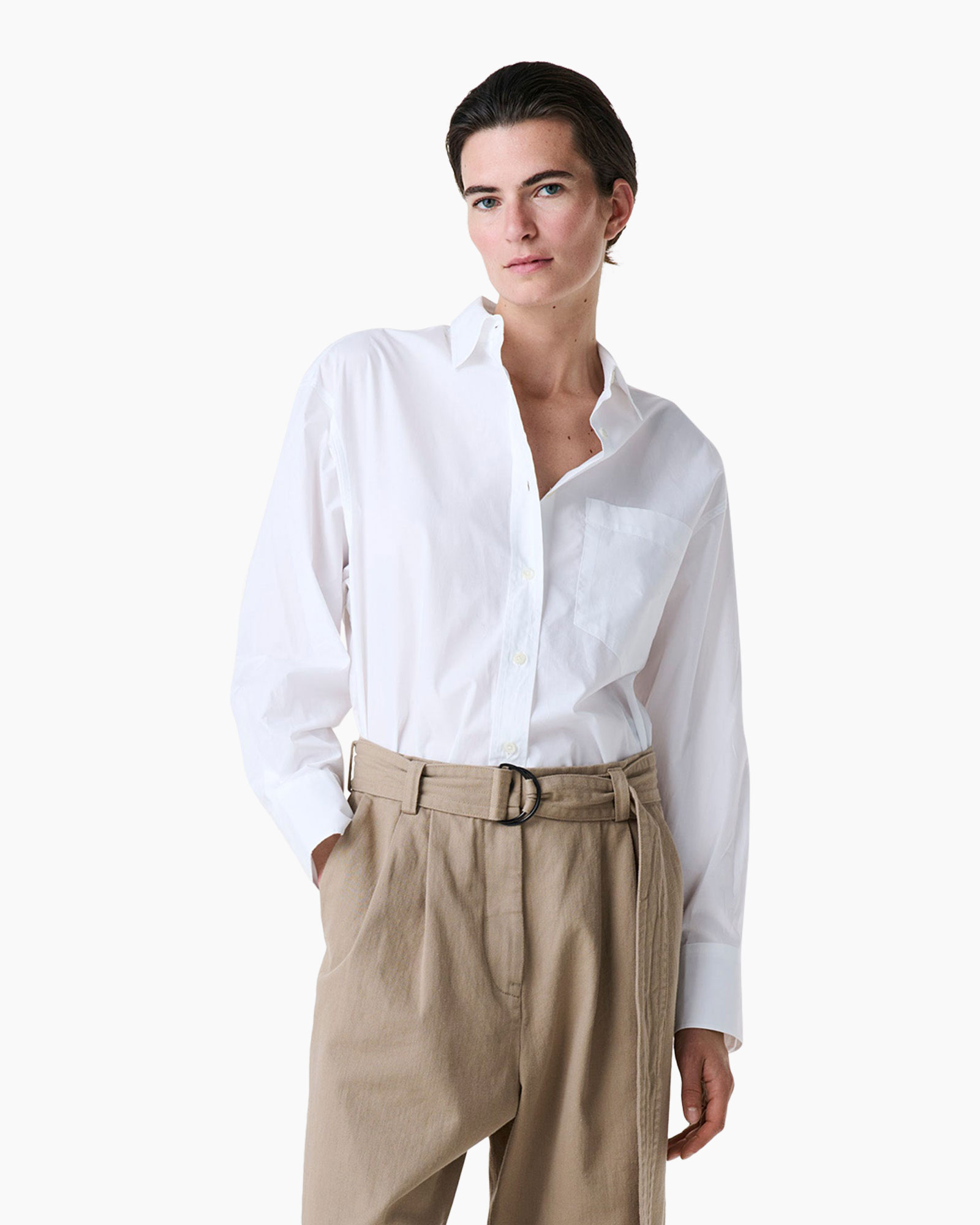 white shirt, button-down, collar shirt, long sleeve, beige trousers