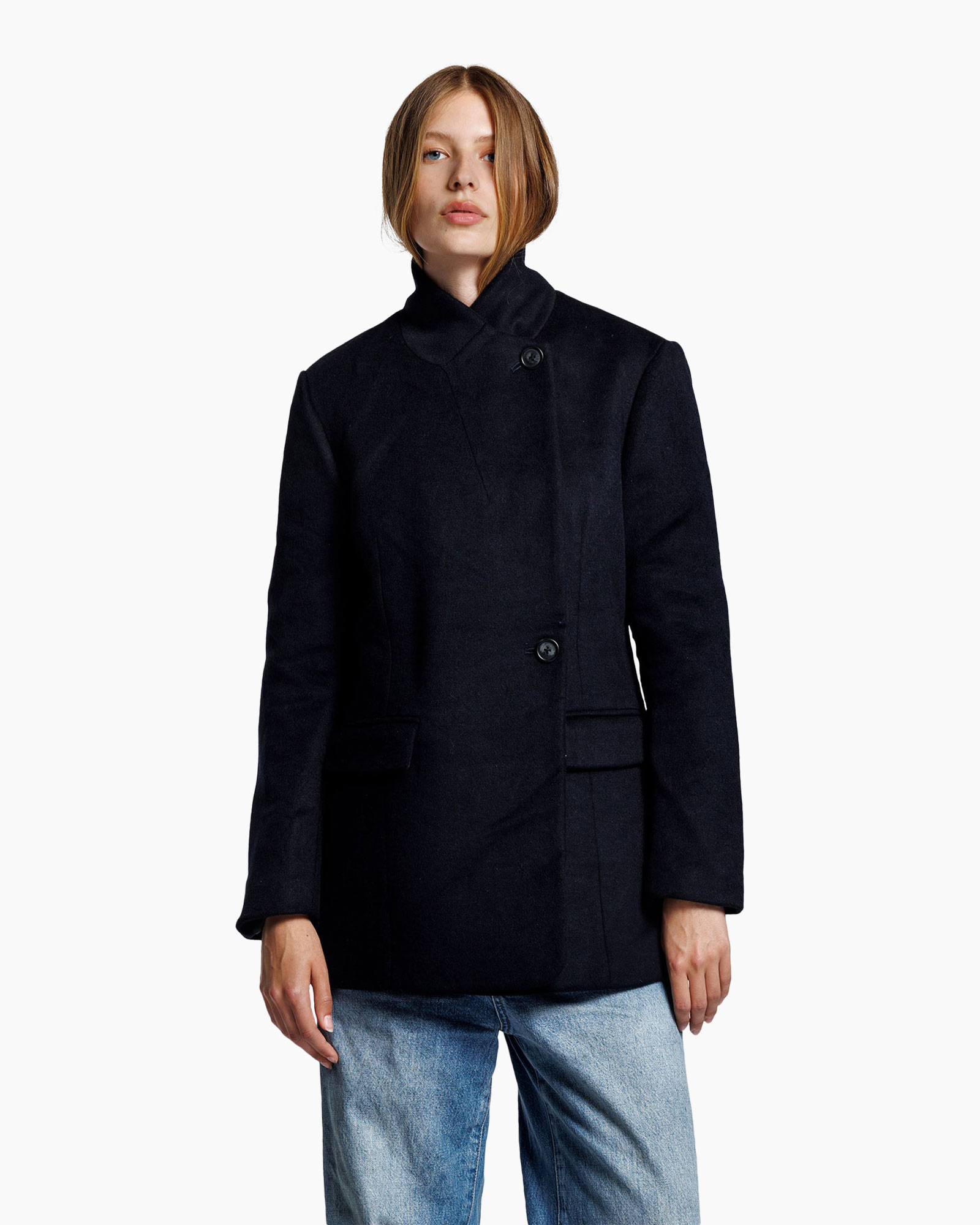 coat, outerwear, dark navy, buttoned, blazer-like