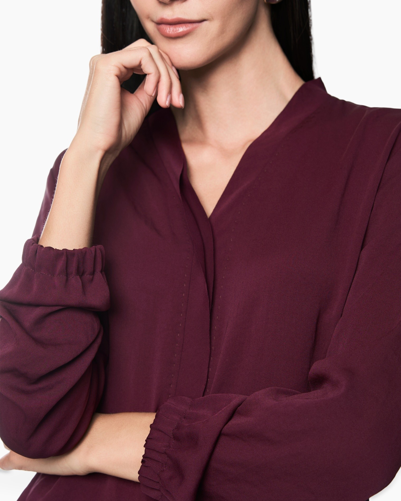 burgundy, blouse, longsleeve, pleated cuffs, v-neck