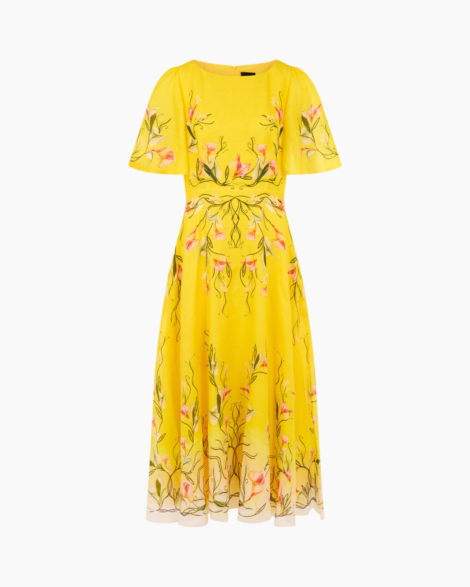 yellow, dress, floral, mid-length, short-sleeve