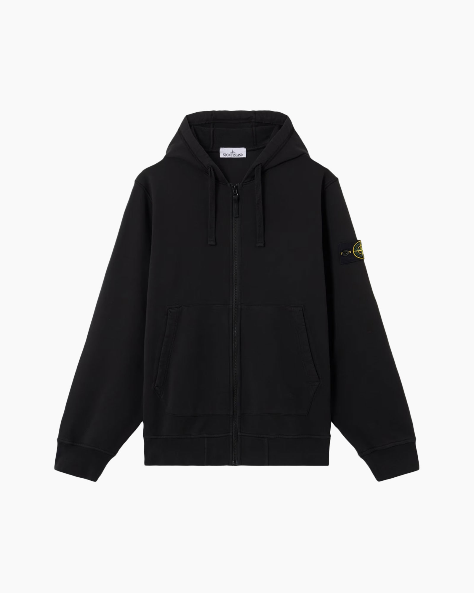 hoodie, zipper, front pocket, black, logo patch