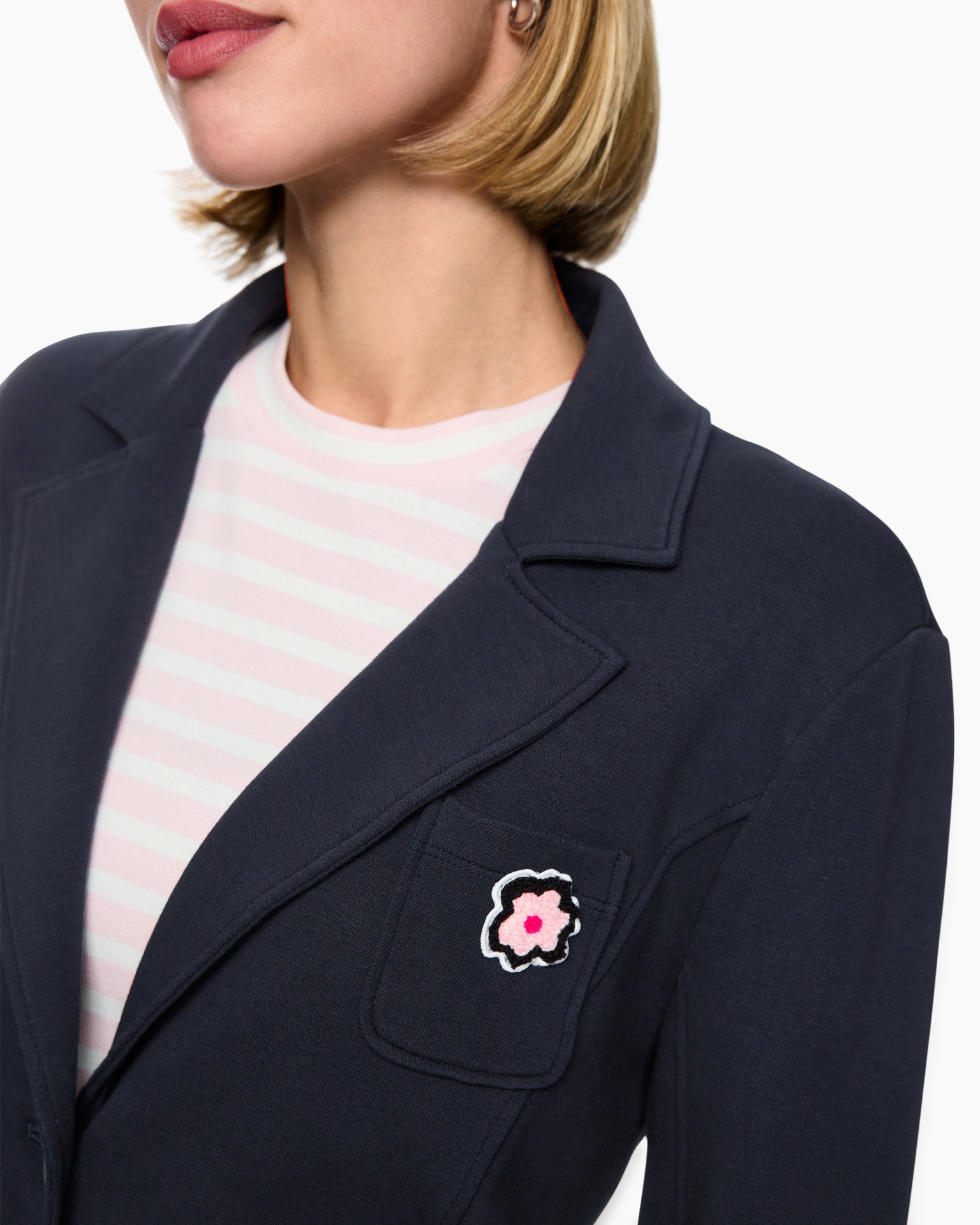 navy blazer, pocket patch, cardigan style, blazer lapel, pink stripe tee