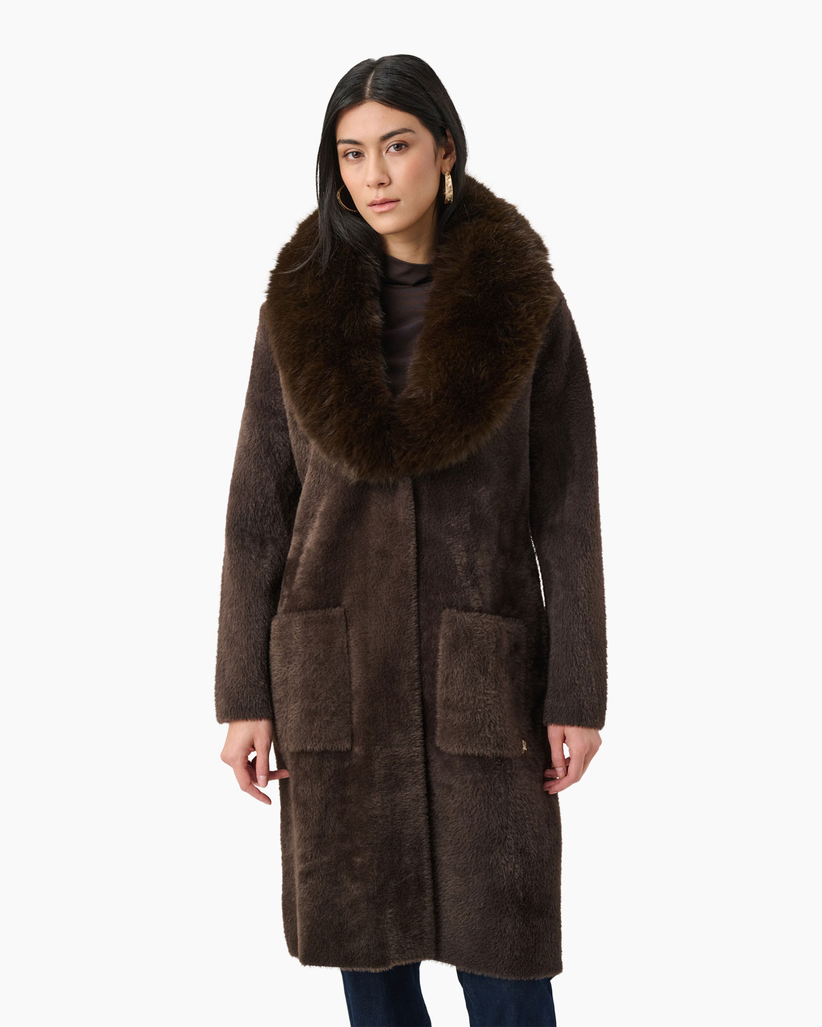 fur coat, brown coat, long coat, collar scarf, two pockets