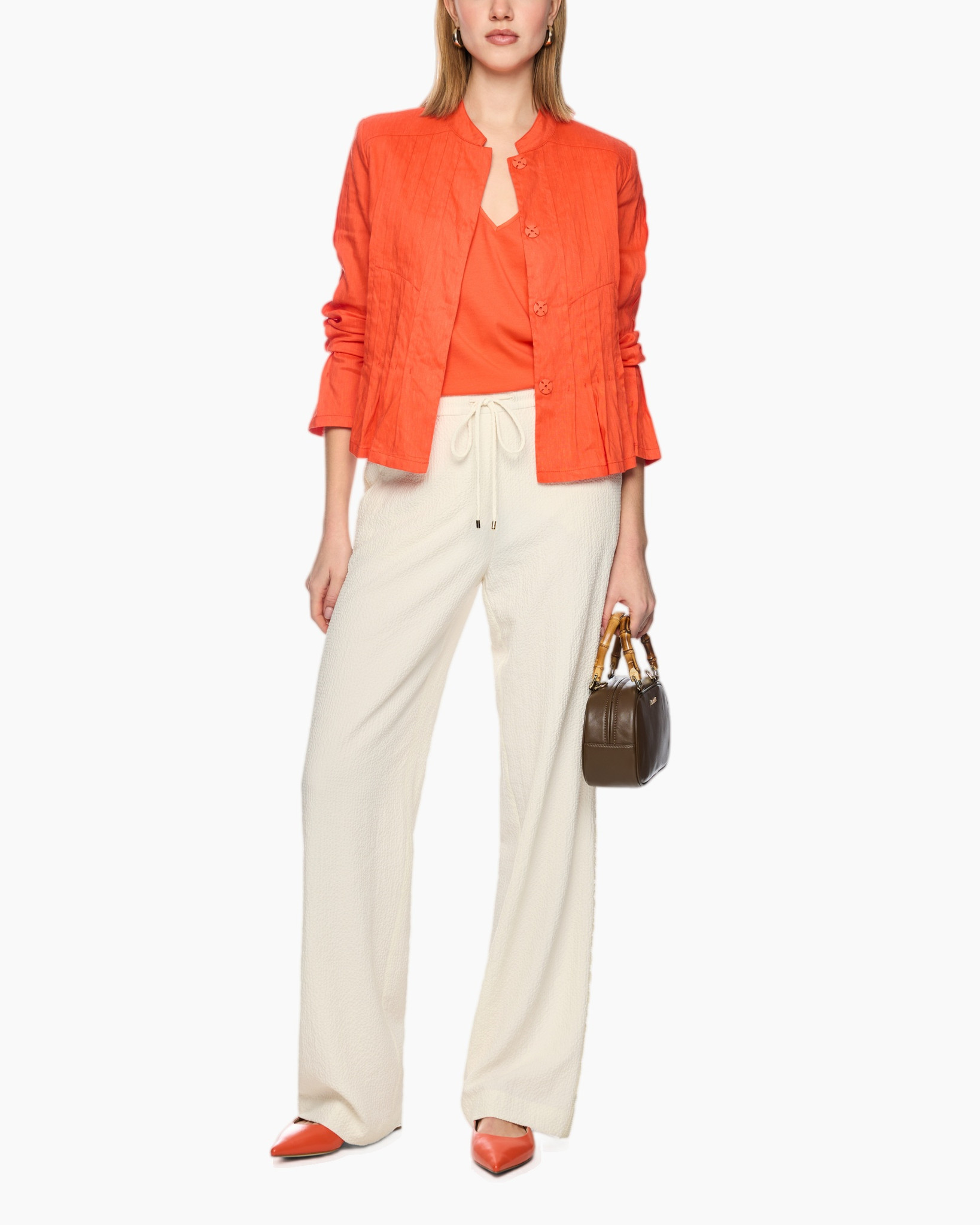 orange jacket, buttoned jacket, linen jacket, wide-leg pants, orange flats