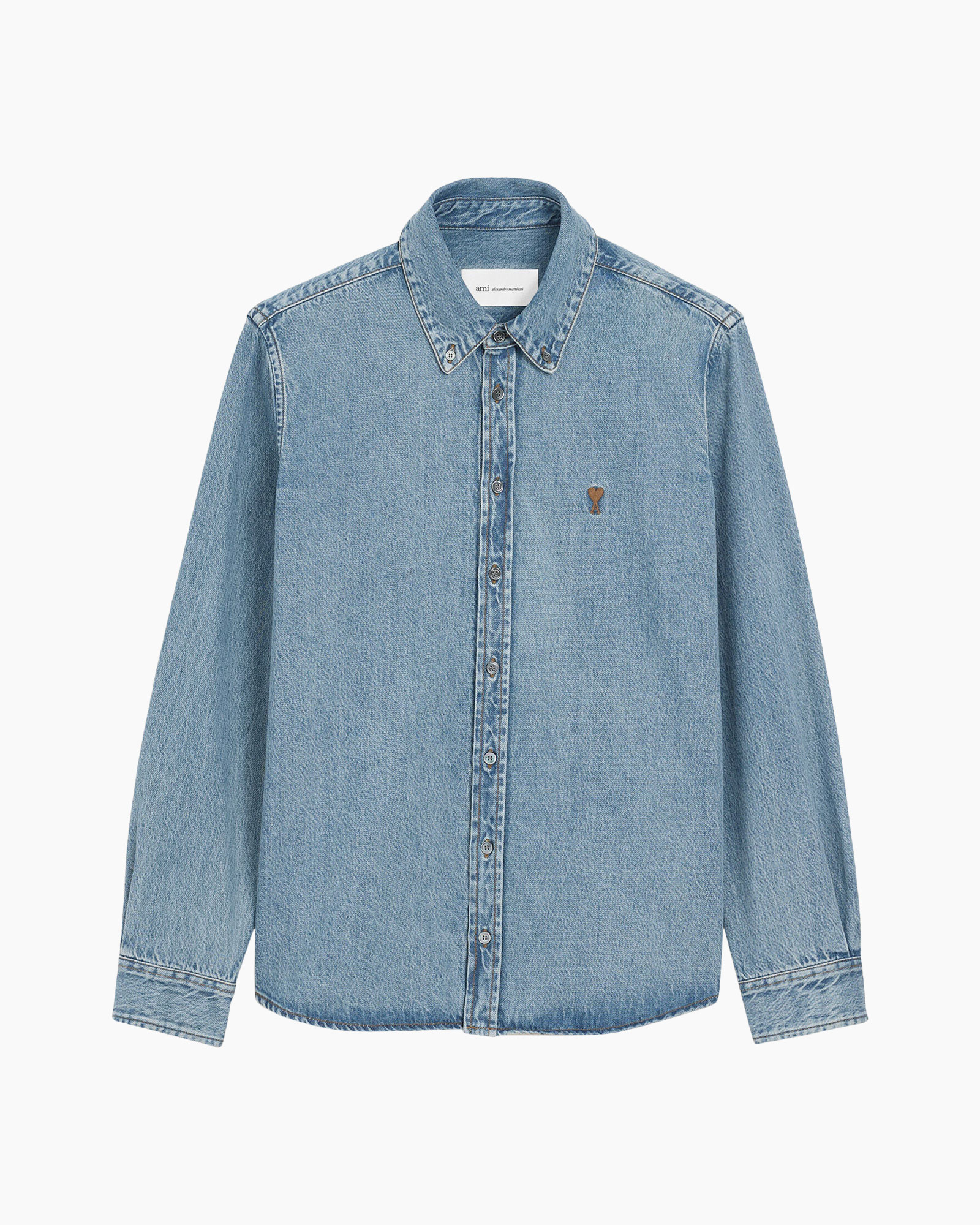 denim shirt,  long sleeve,  button front,  light wash,  small logo