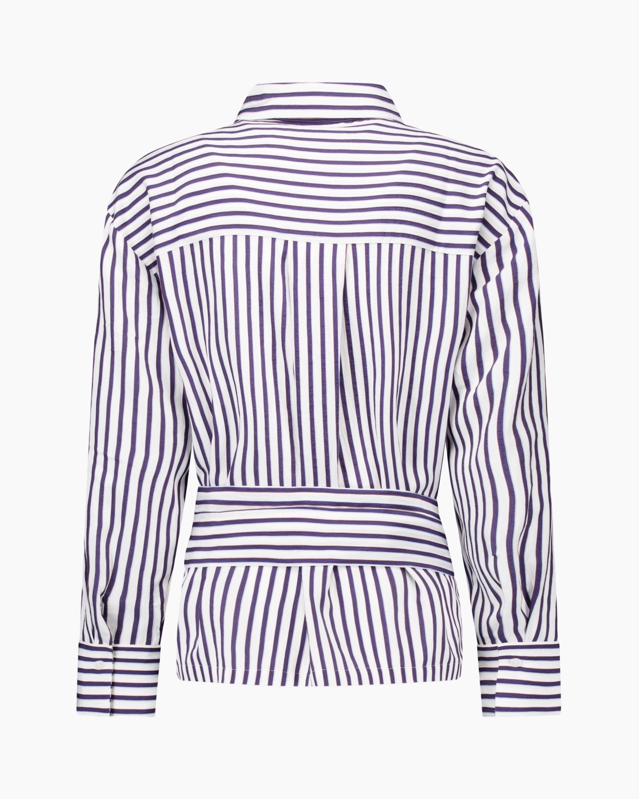 striped shirt, purple stripe, collar, long sleeves, waist belt