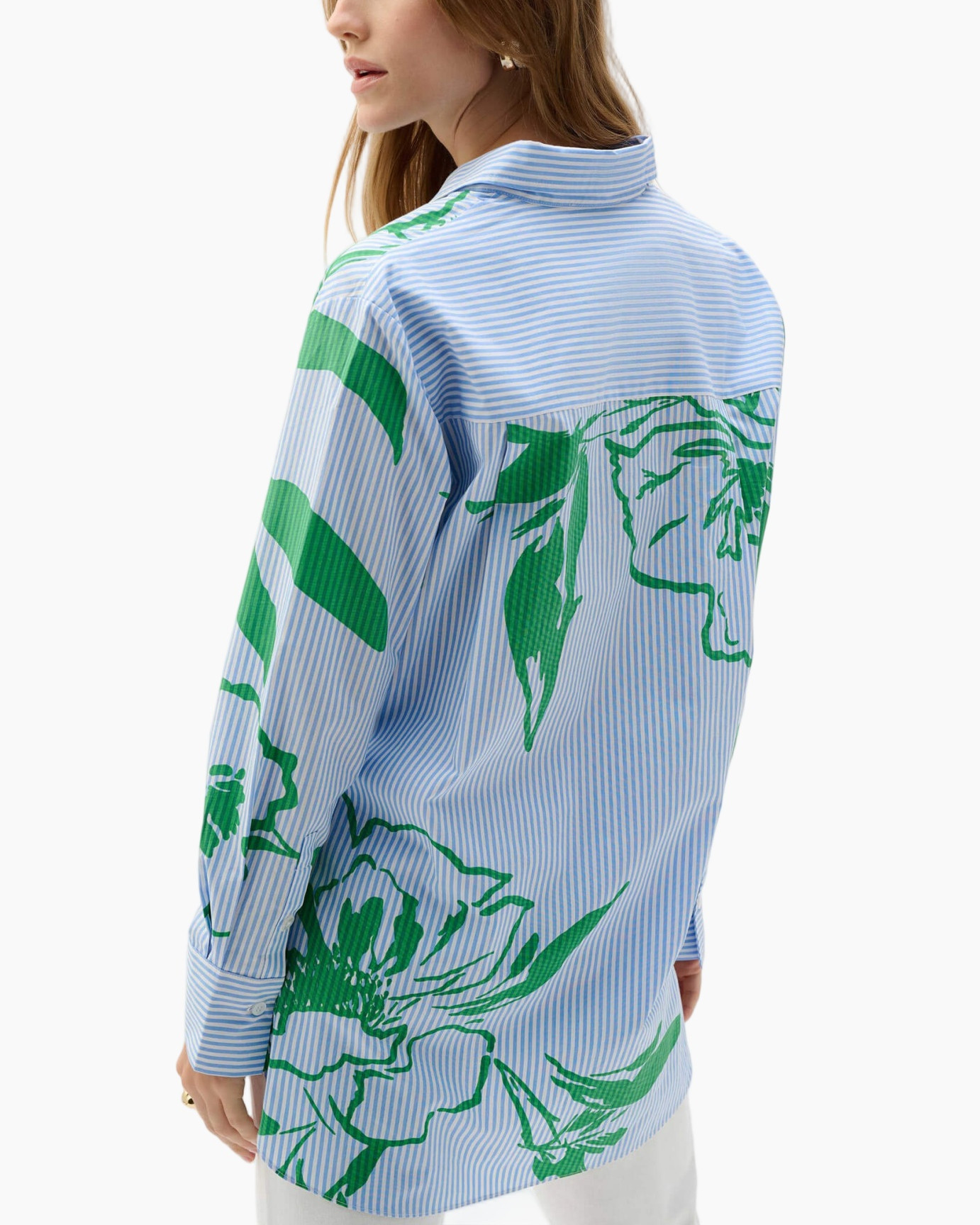 striped shirt, blue shirt, green print, long sleeve, collared shirt