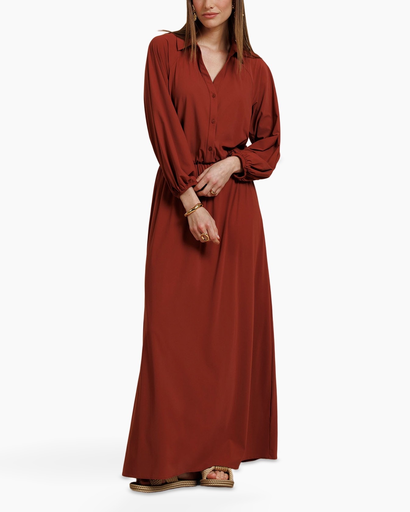 maxi dress, rust color, long sleeve, collared, elastic waist