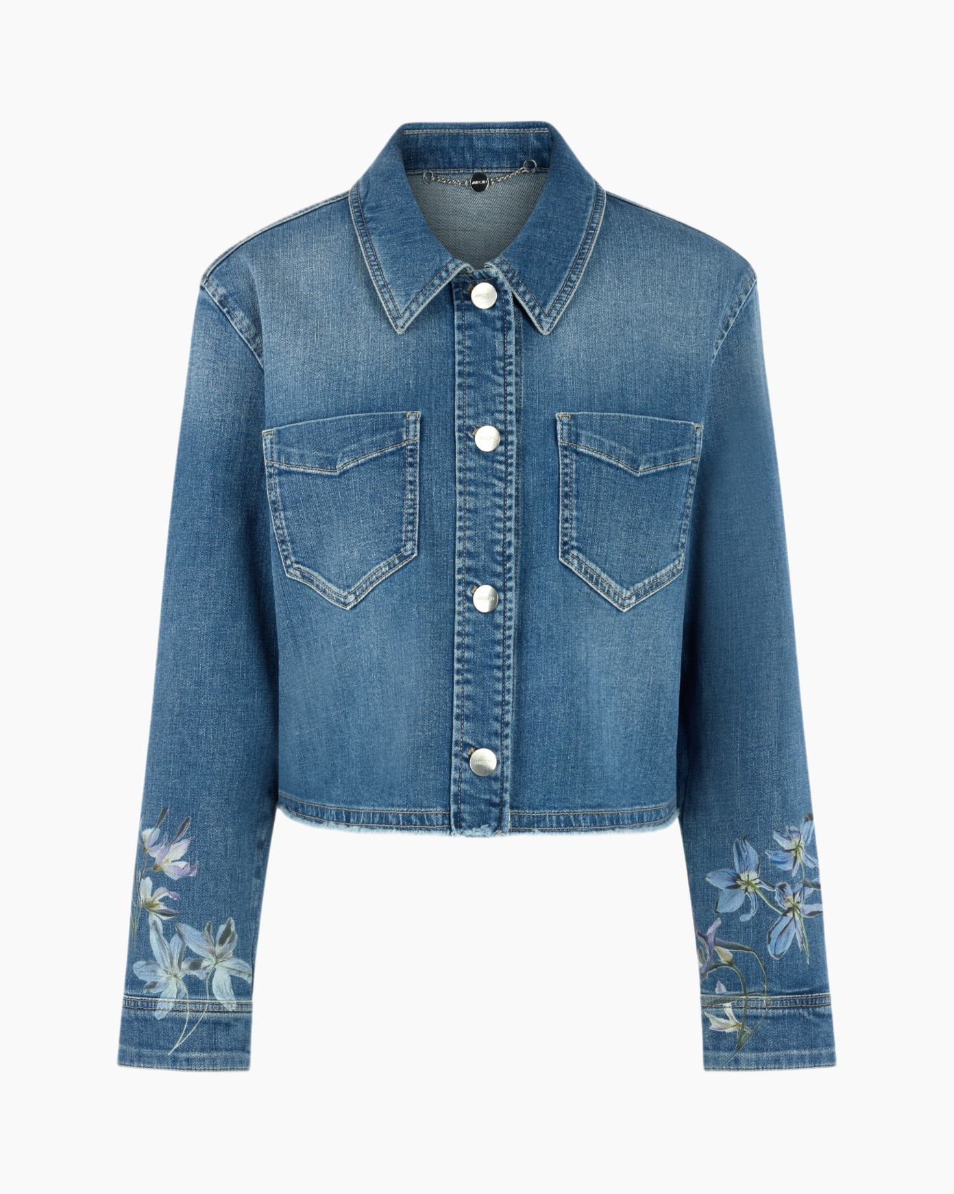 denim, jeans jacket, long sleeves, front pockets, floral embroidery
