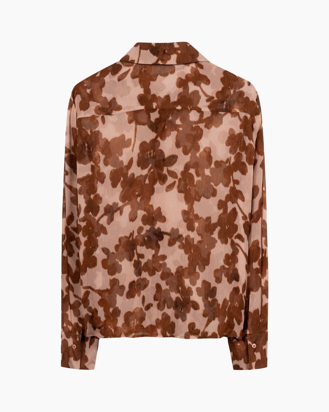 blouse, long-sleeve, floral, brown, camouflage-like pattern