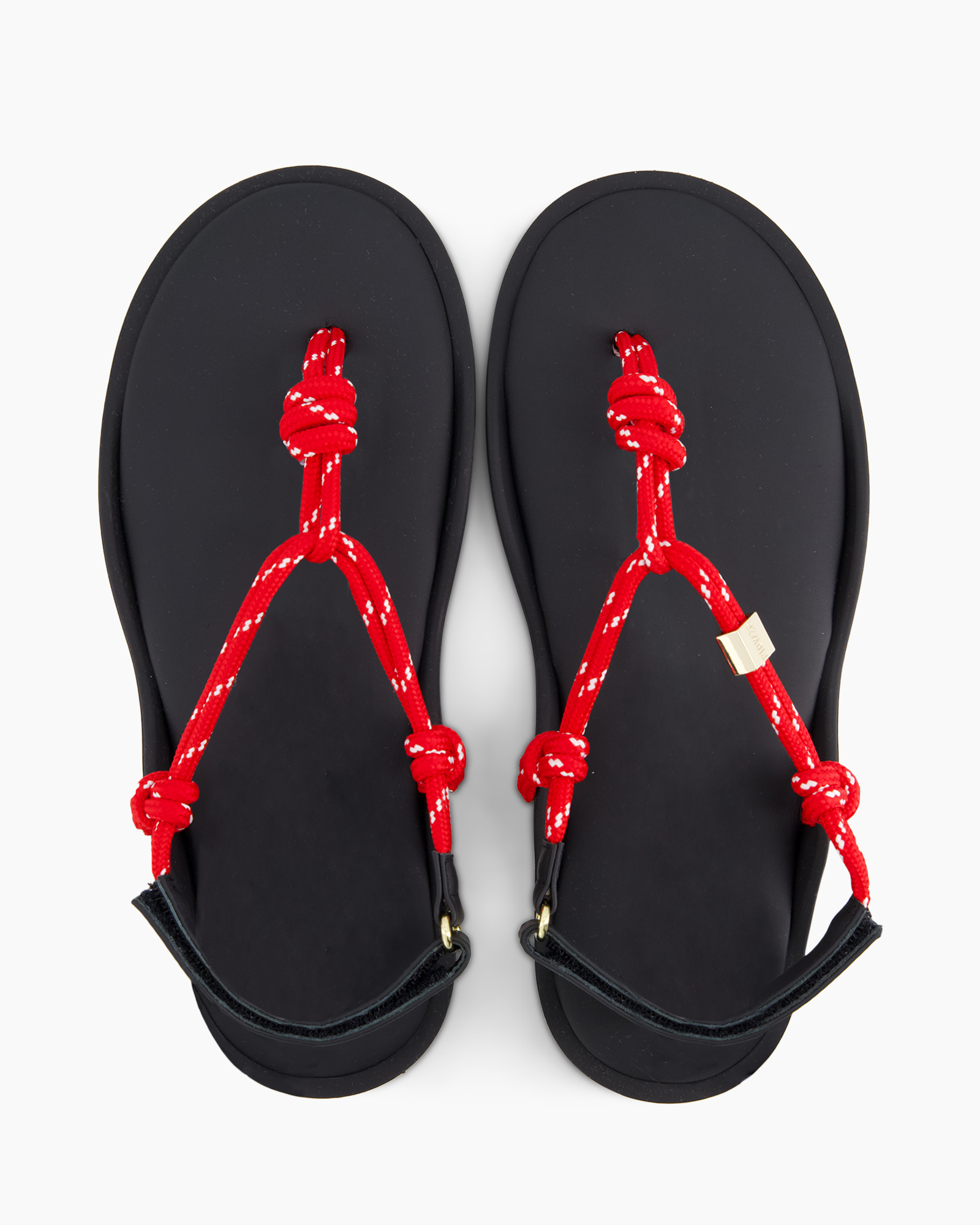 sandals, toe-loop, red cord, black sole, strap sandal