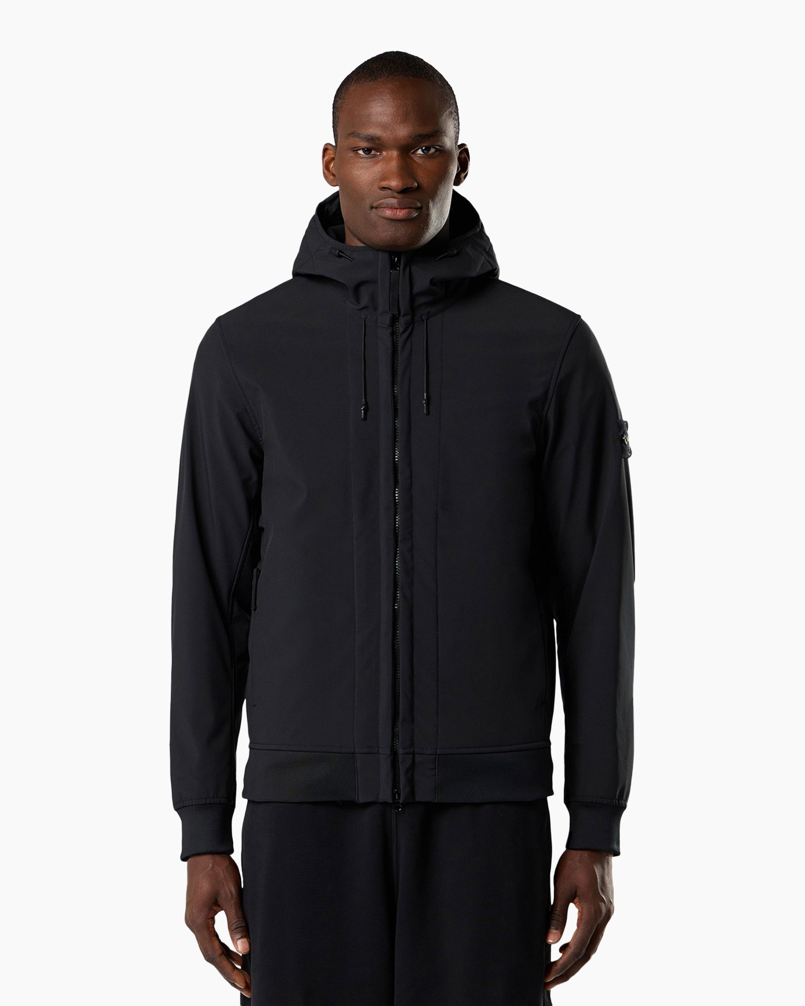 jacket, hooded, black, zippered, softshell