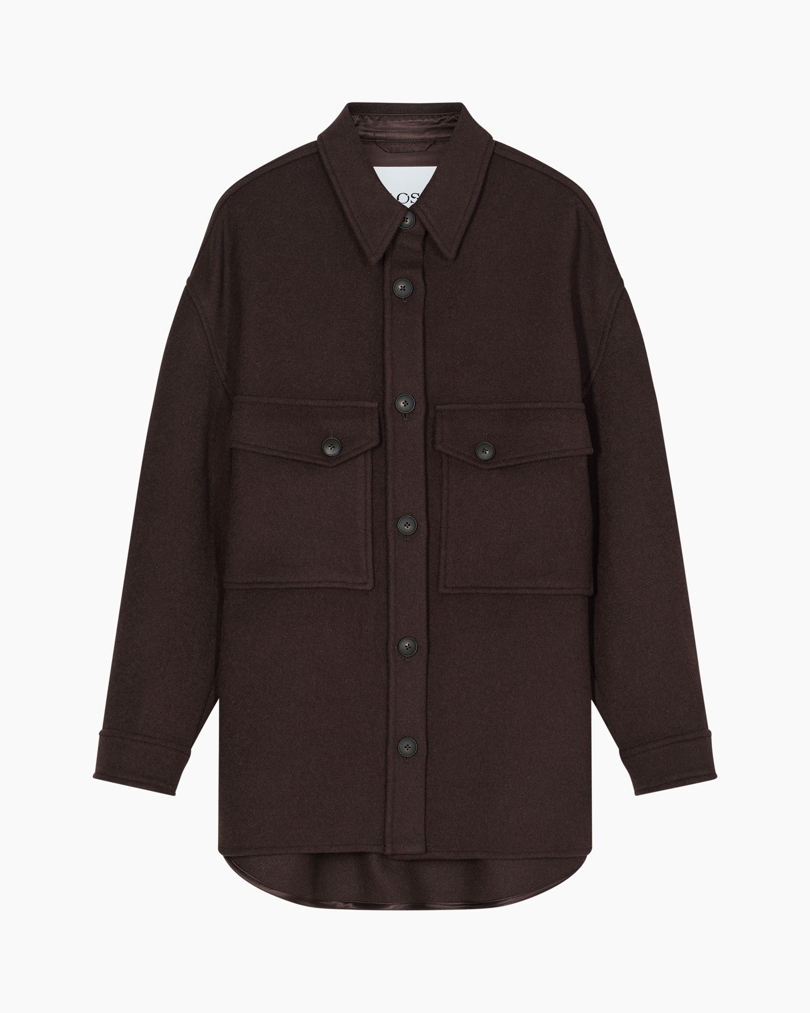 coat, oversized, brown, long sleeve, back view