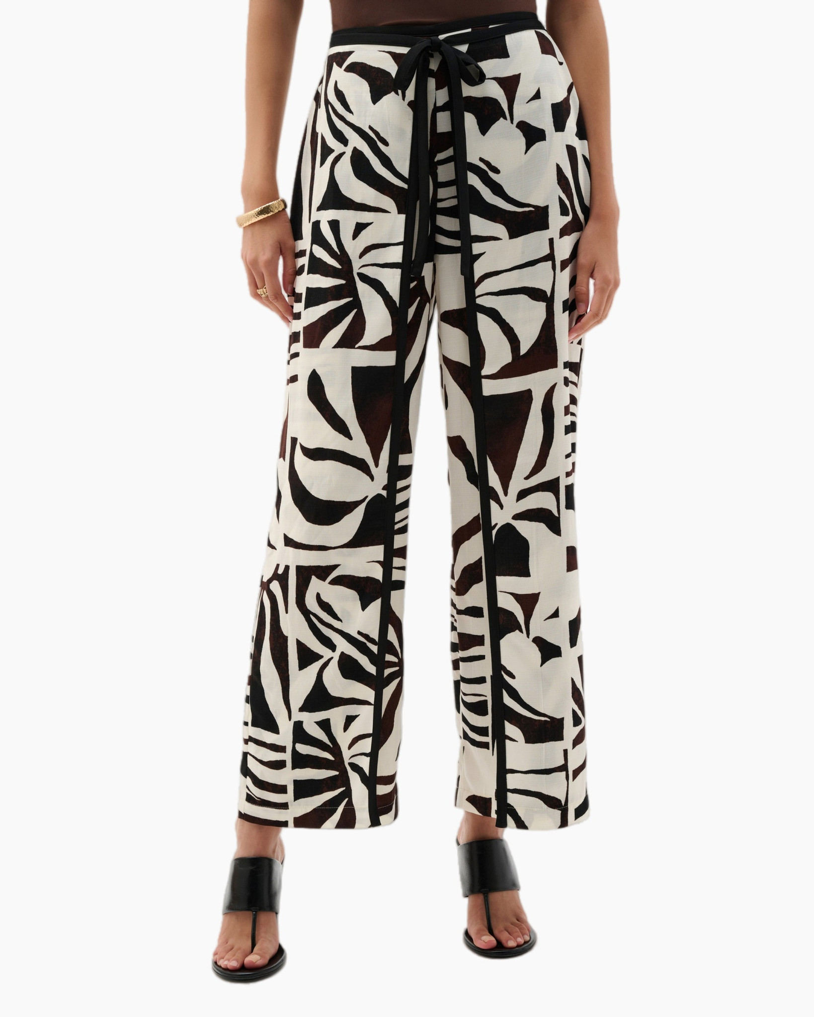 palazzo pants, abstract print, cropped wrap, beige brown, tie waist