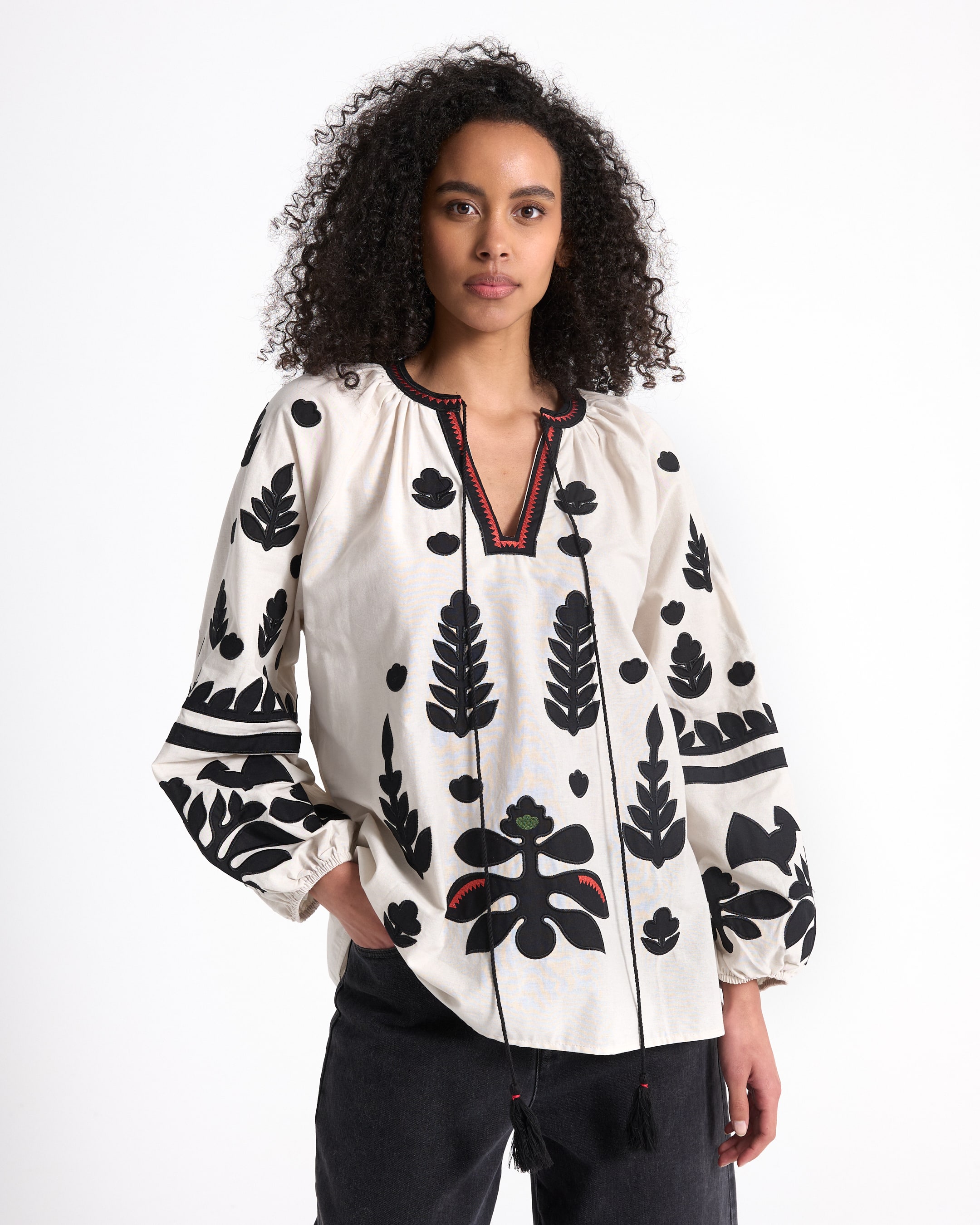 blouse, embroidered, floral, peasant, longsleeve
