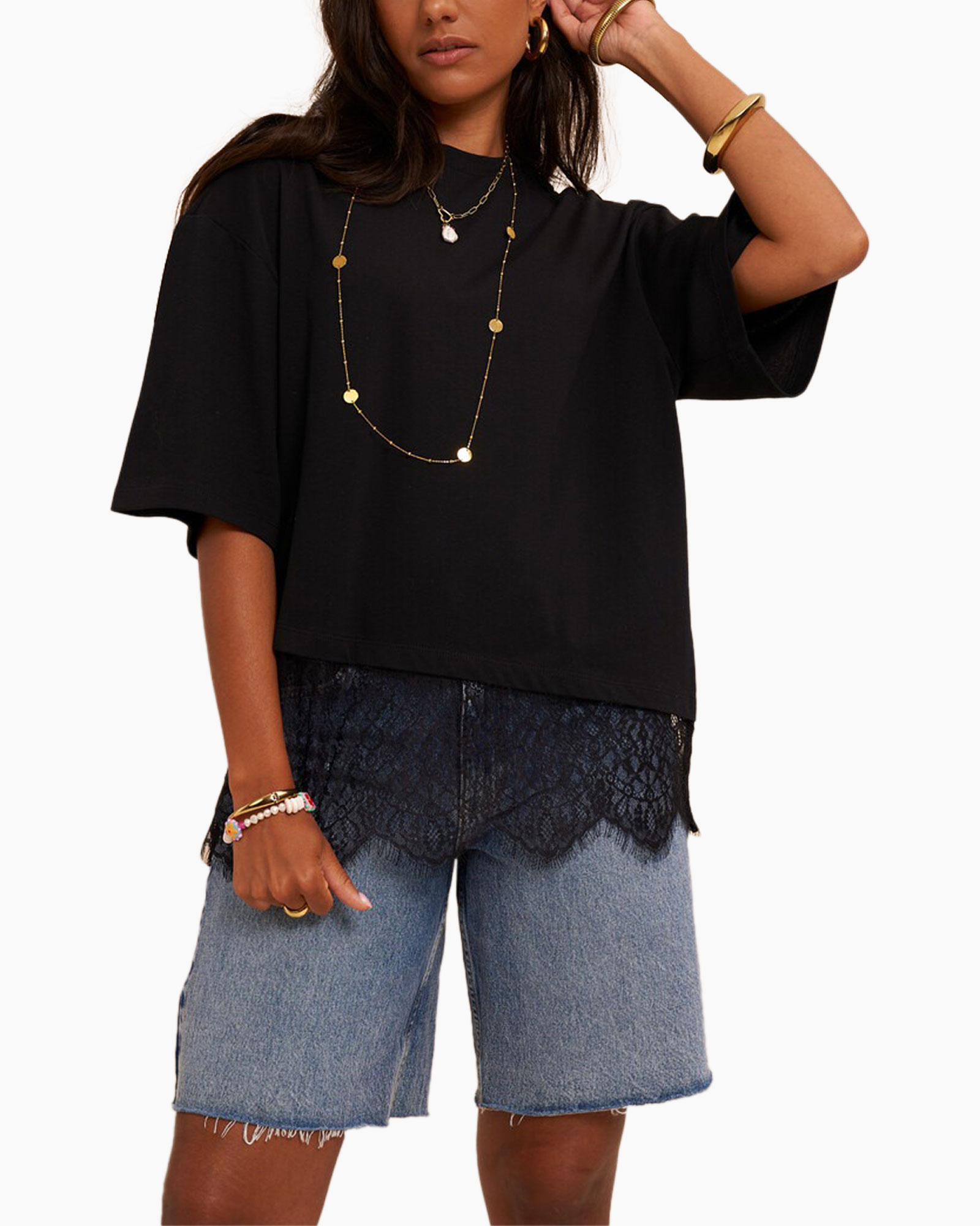 top, black top, shorts, lace trim, boho jewelry