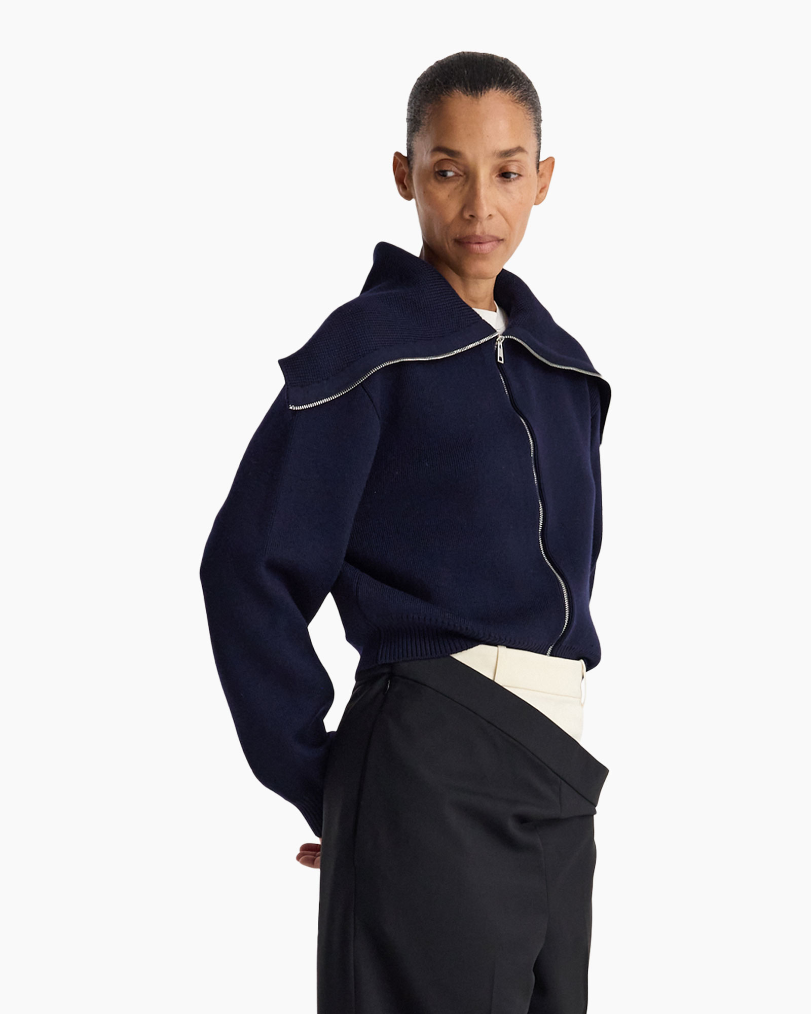 navy sweater, zip-up, cowl collar, knit sweater, long sleeve
