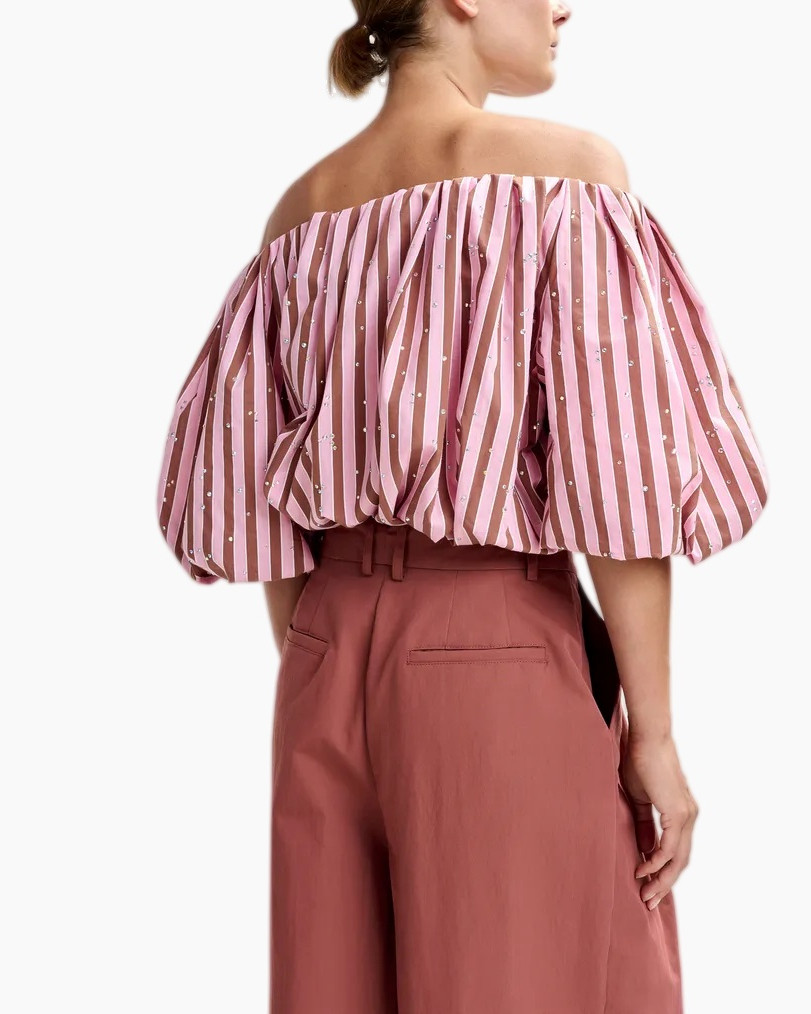 off-shoulder, pink striped top, pleated blouse, balloon sleeve, high-waisted pants