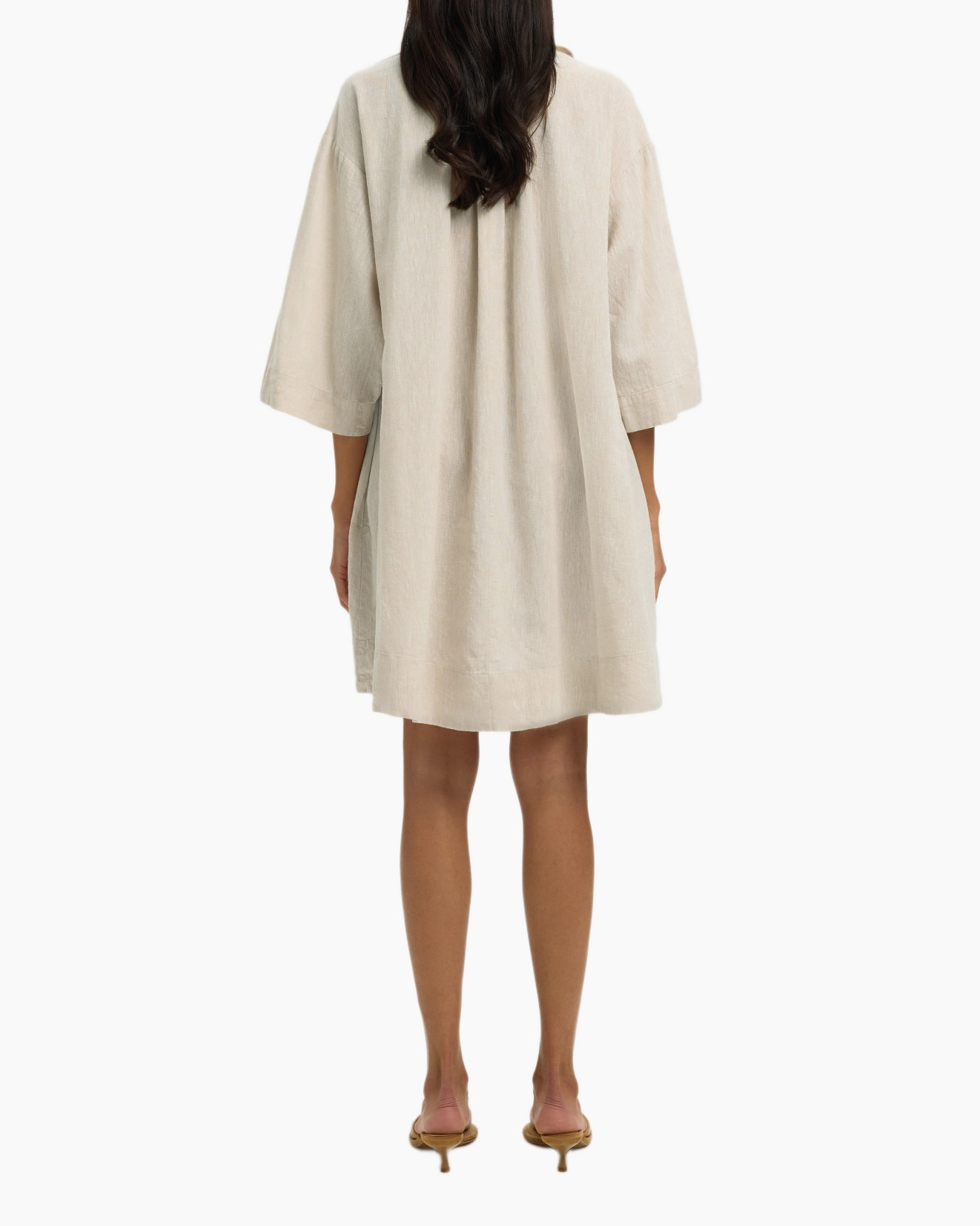 linen, shift dress, beige, knee-length, short sleeves