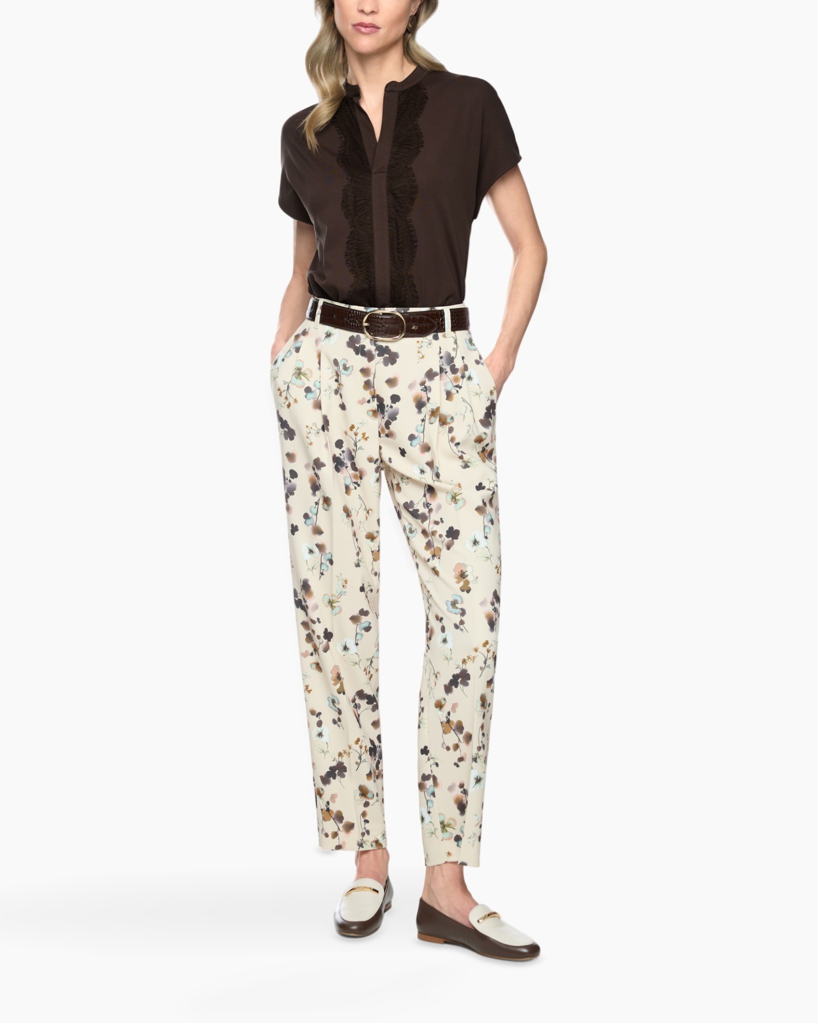 brown blouse, ruffled placket, short sleeves, crepe top, floral trousers