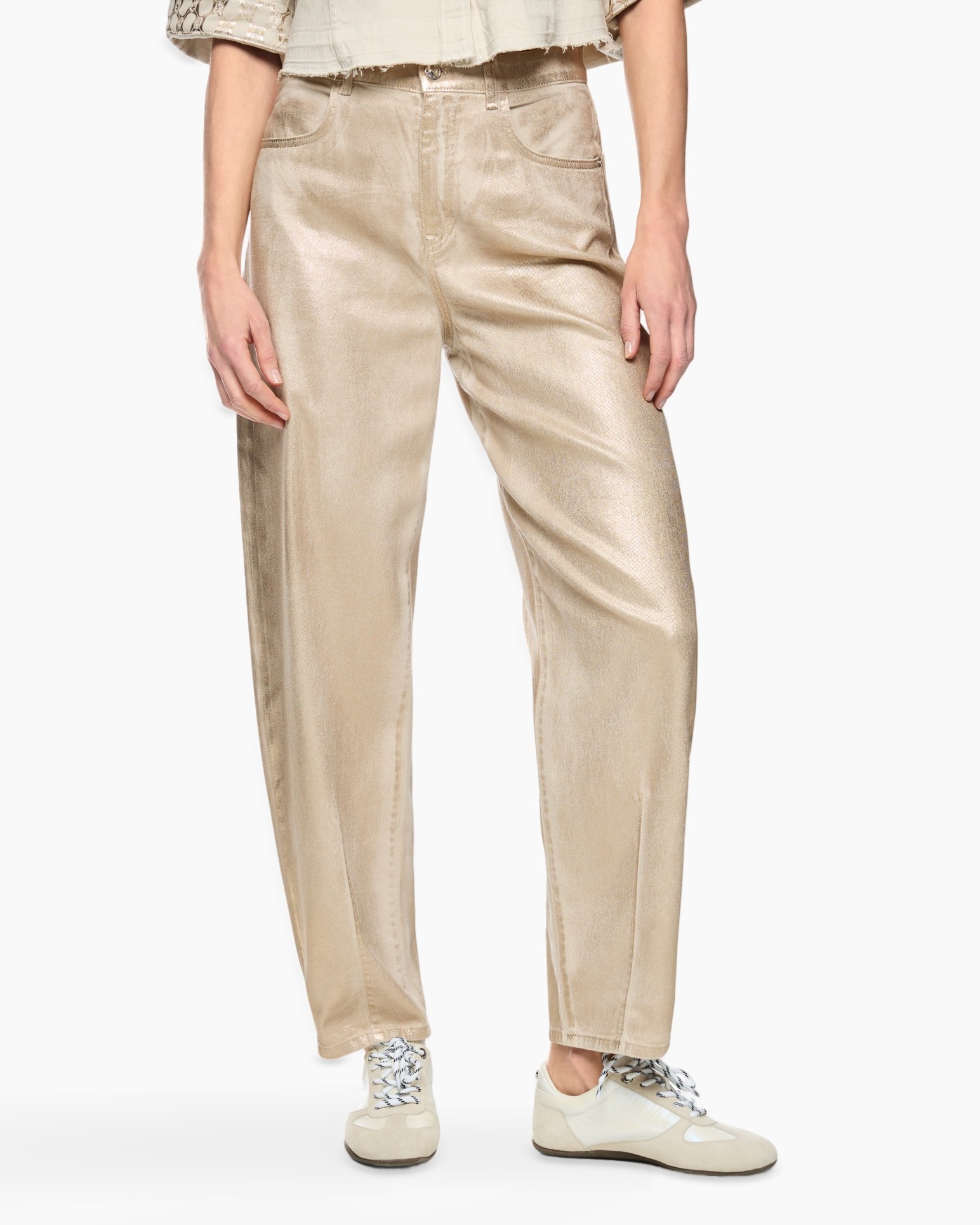 pants, jeans, trousers, beige, metallic look