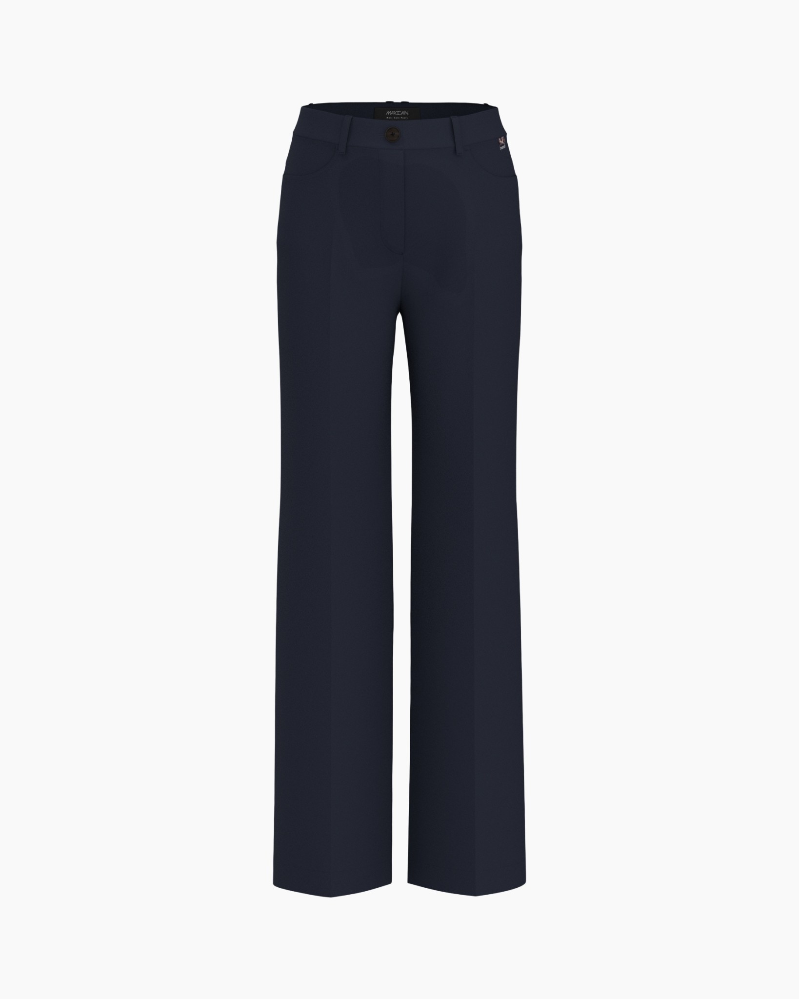 trousers, navy, wide-leg, flat-front, button-fly