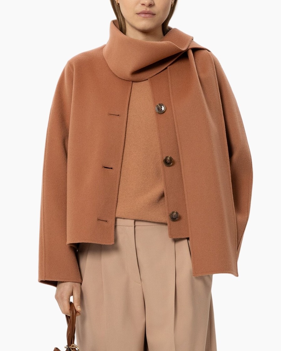 coat, camel, scarf collar, button closure,  oversized