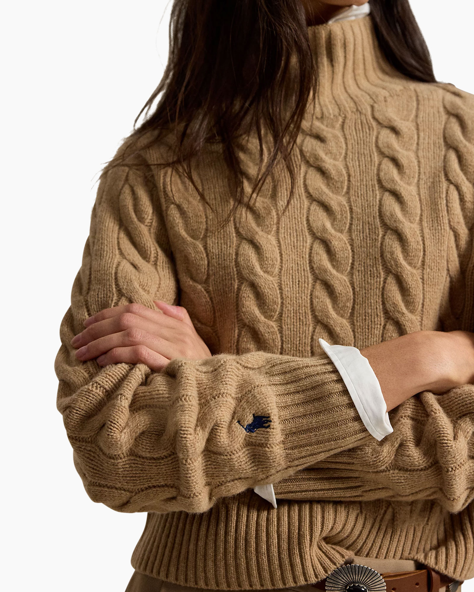 beige sweater, cable knit, turtleneck, long sleeve, embroidery logo