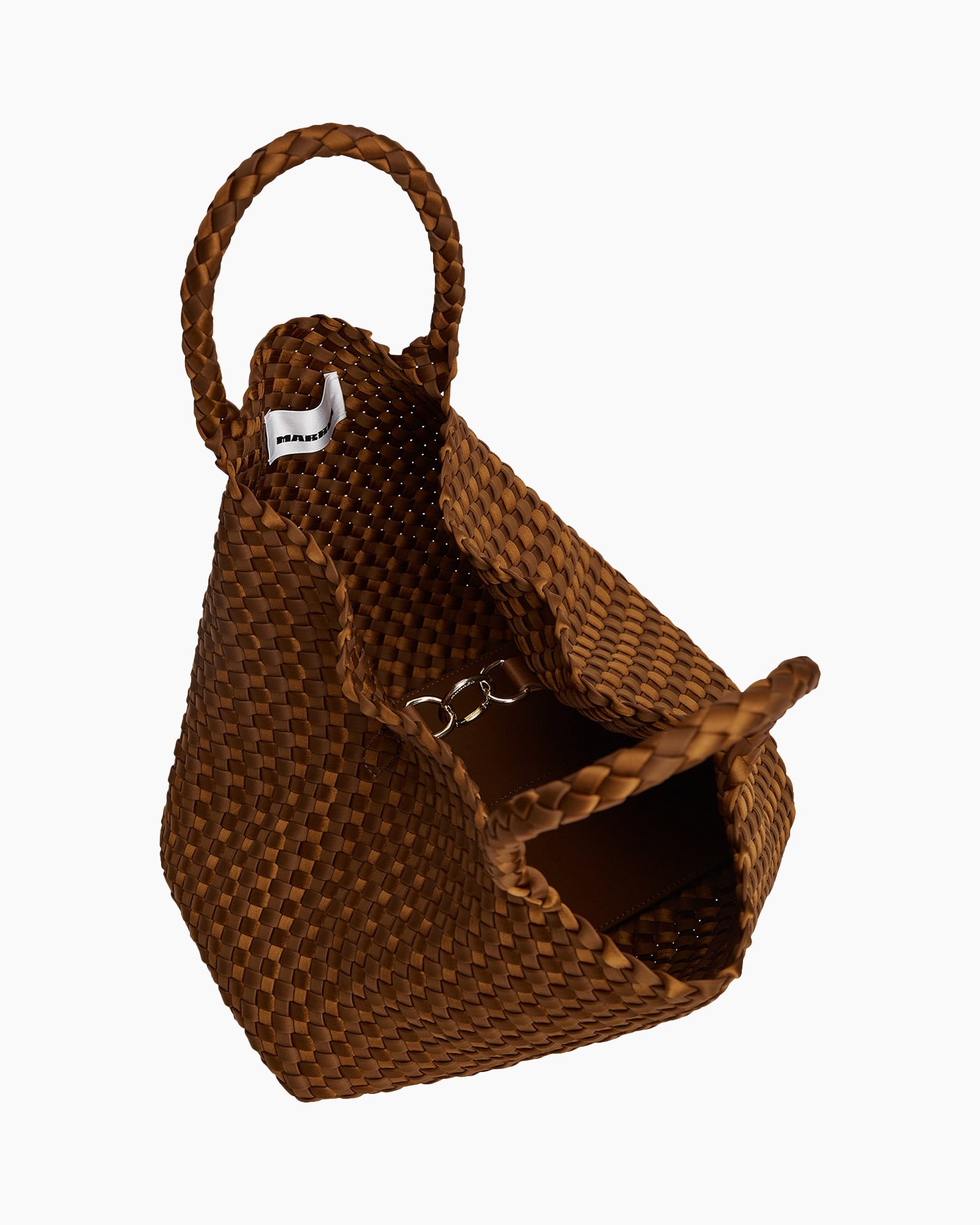 woven bag, brown handbag, purse, basket weave, chain strap