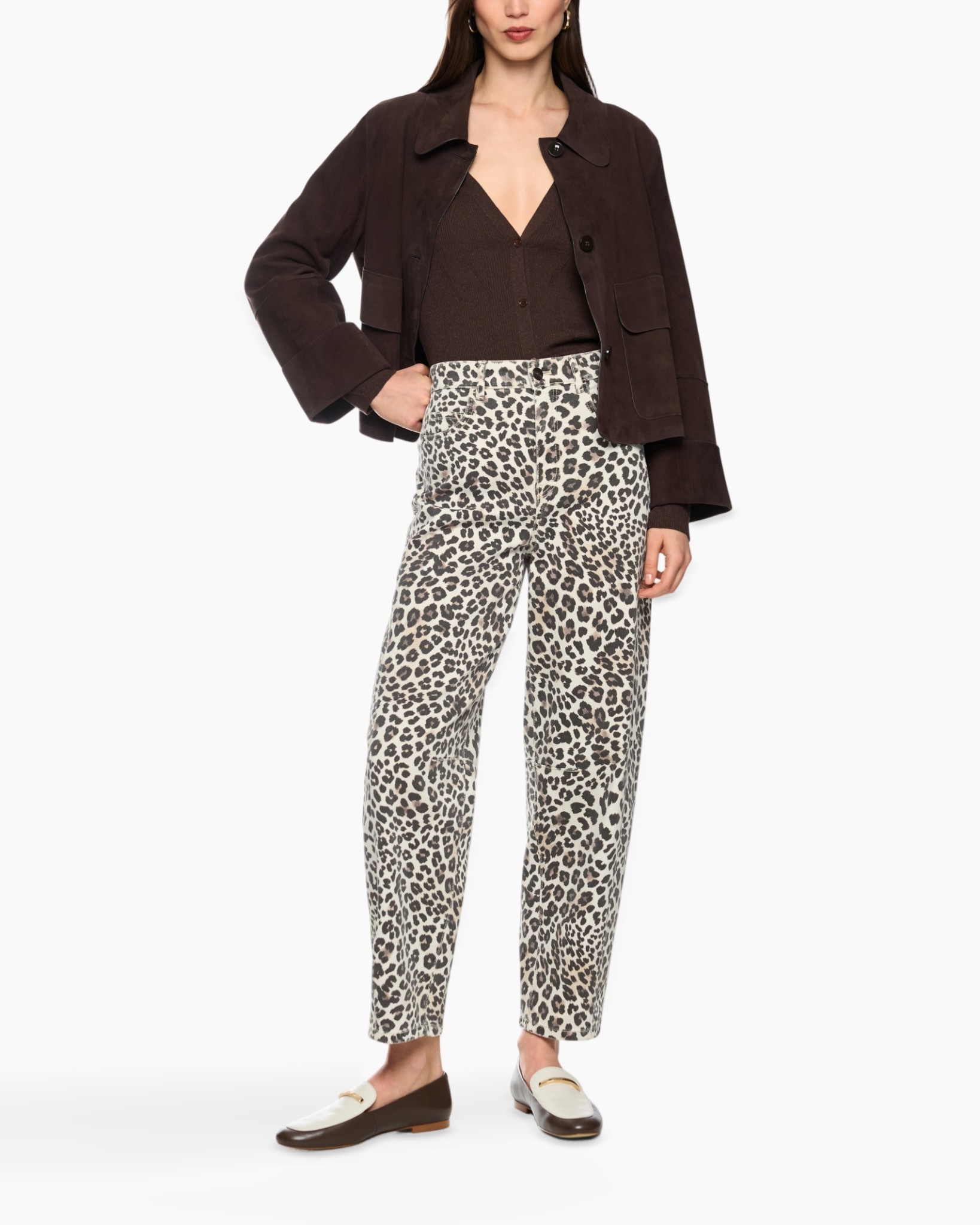 leopard print, pants, high-waisted, slim fit, brown jacket