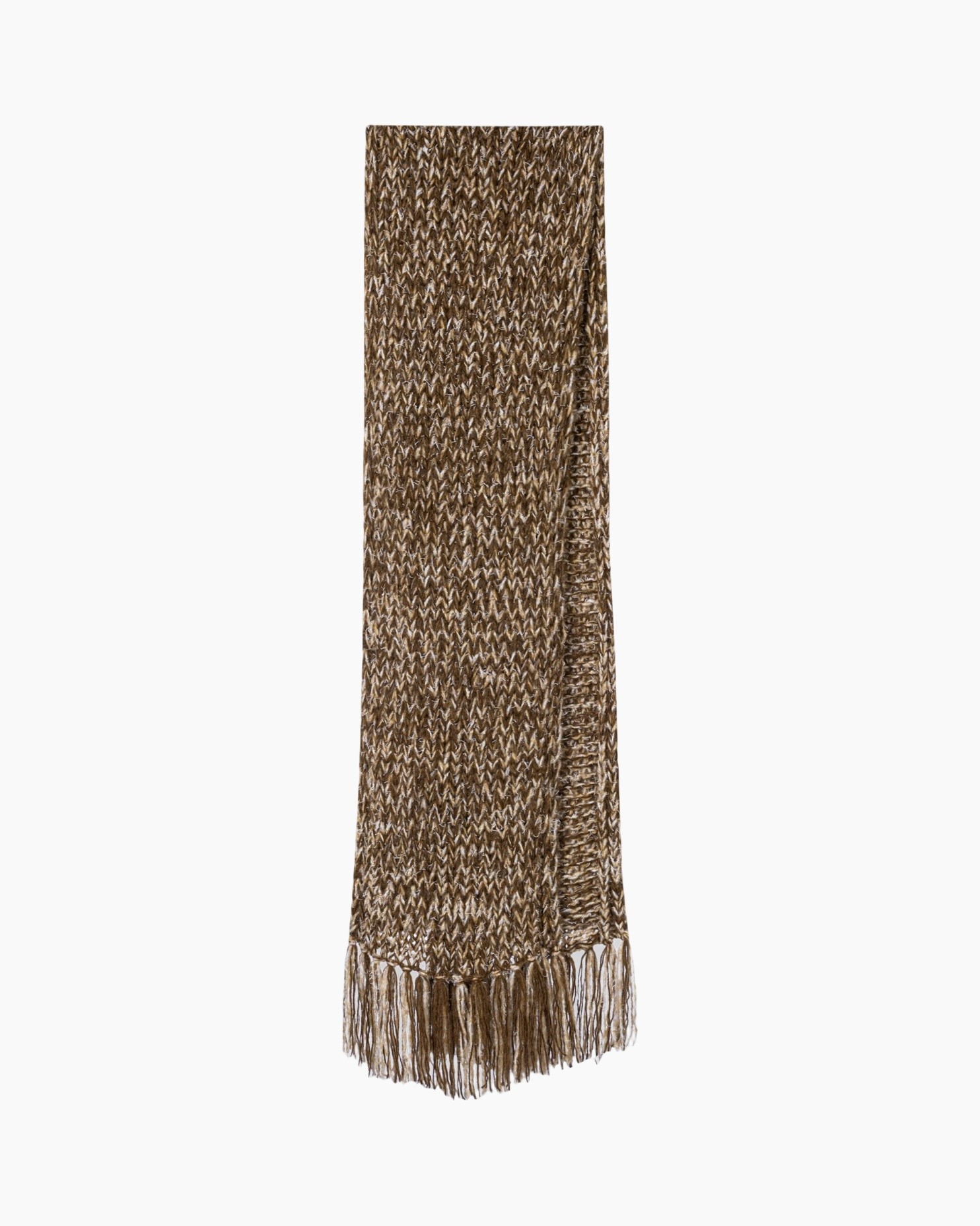 scarf, knit, brown, fringe, crochet-like weave