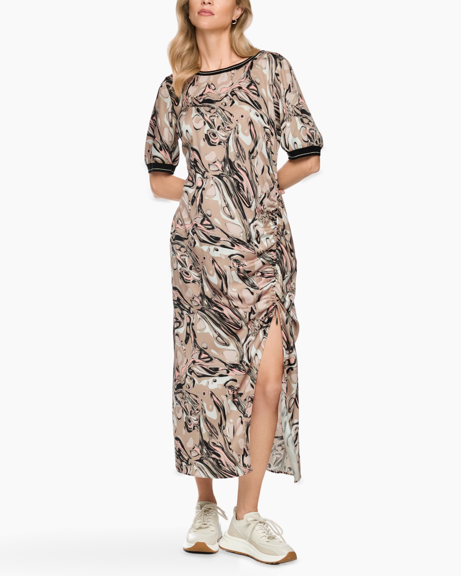 dress, midi dress, abstract print, slit, short sleeve