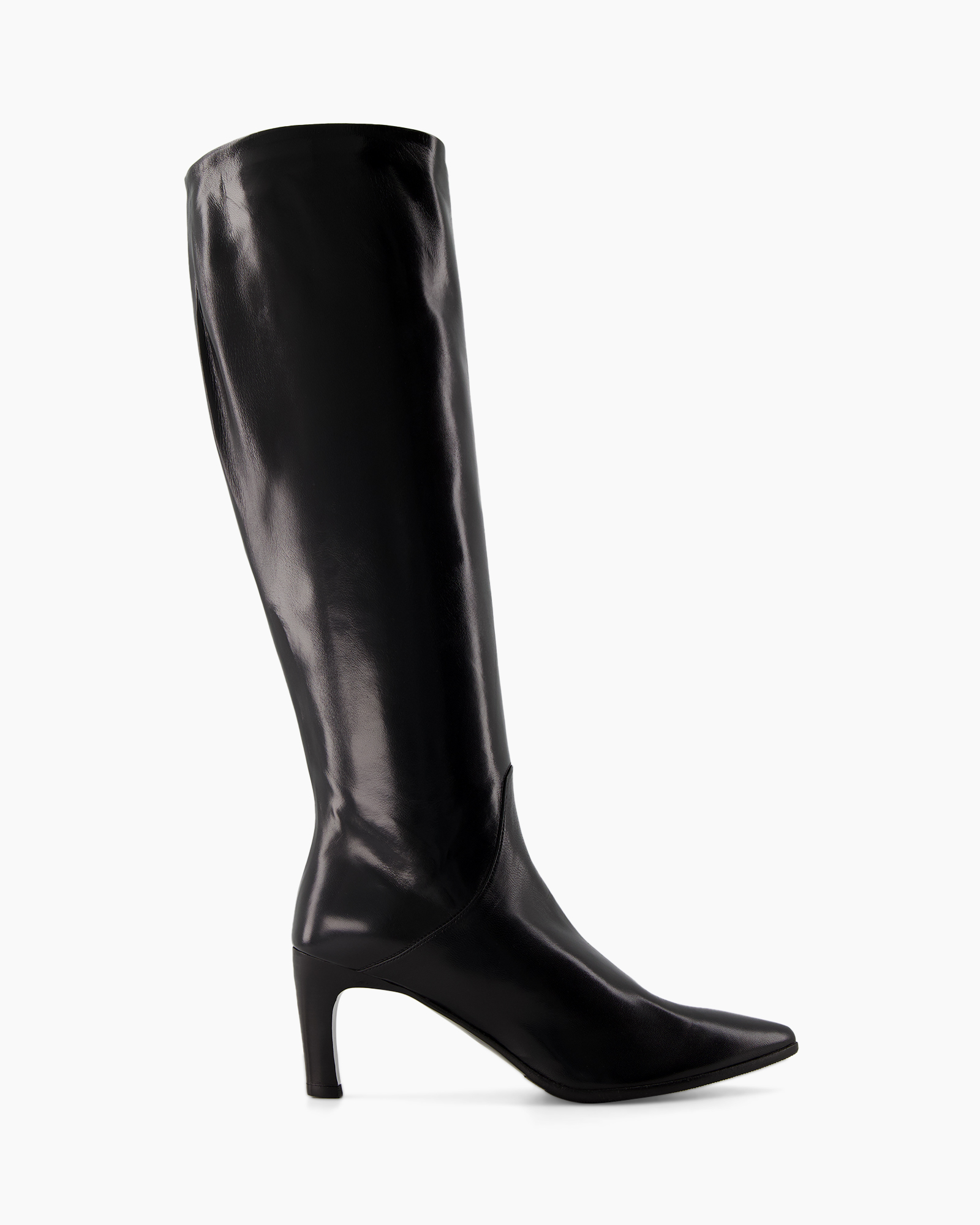 knee-high boot, black leather, overknee, mid heel, slim heel