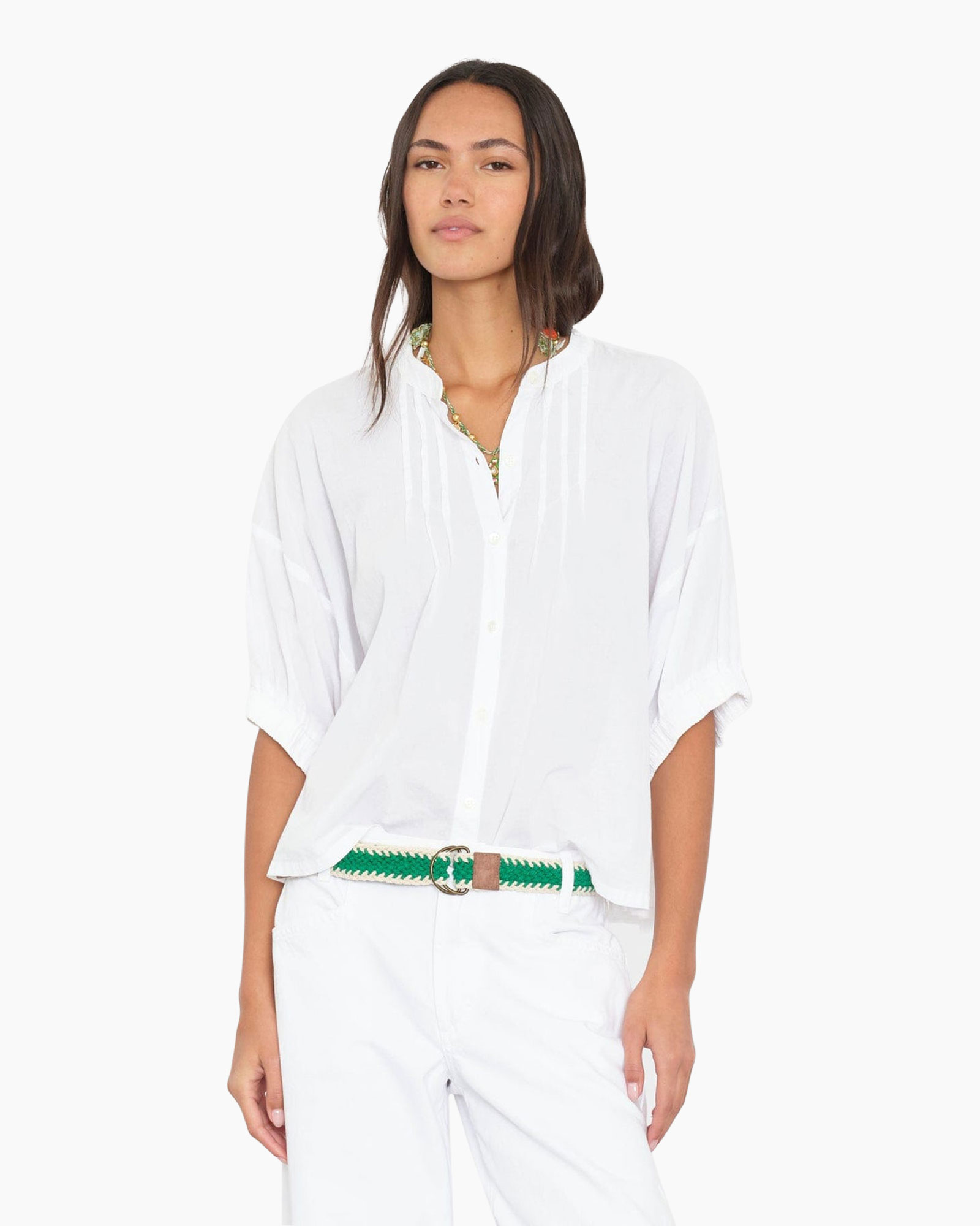 white, button-down, blouse, loose-fit, belt