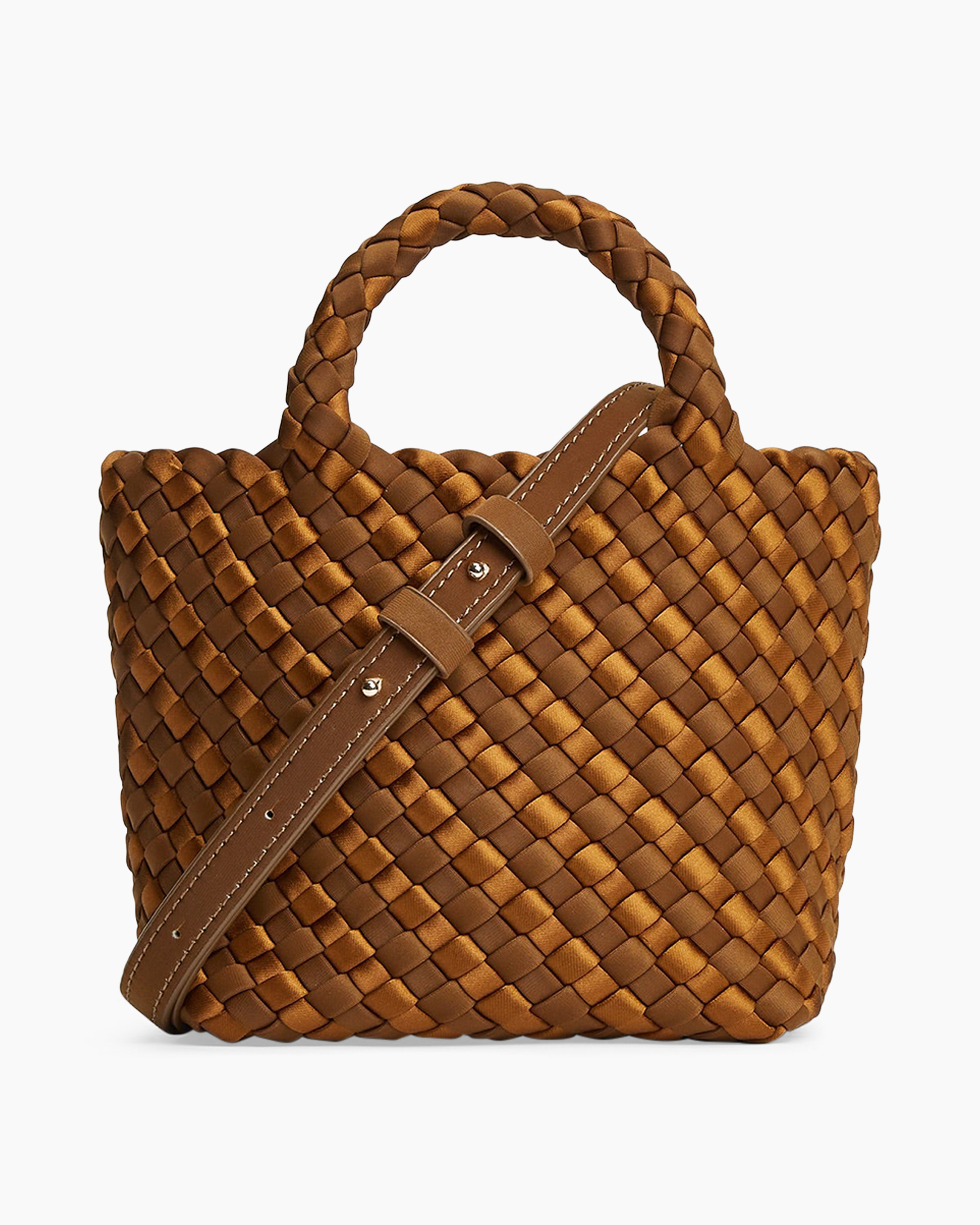 handbag, woven, brown, bucket, strap