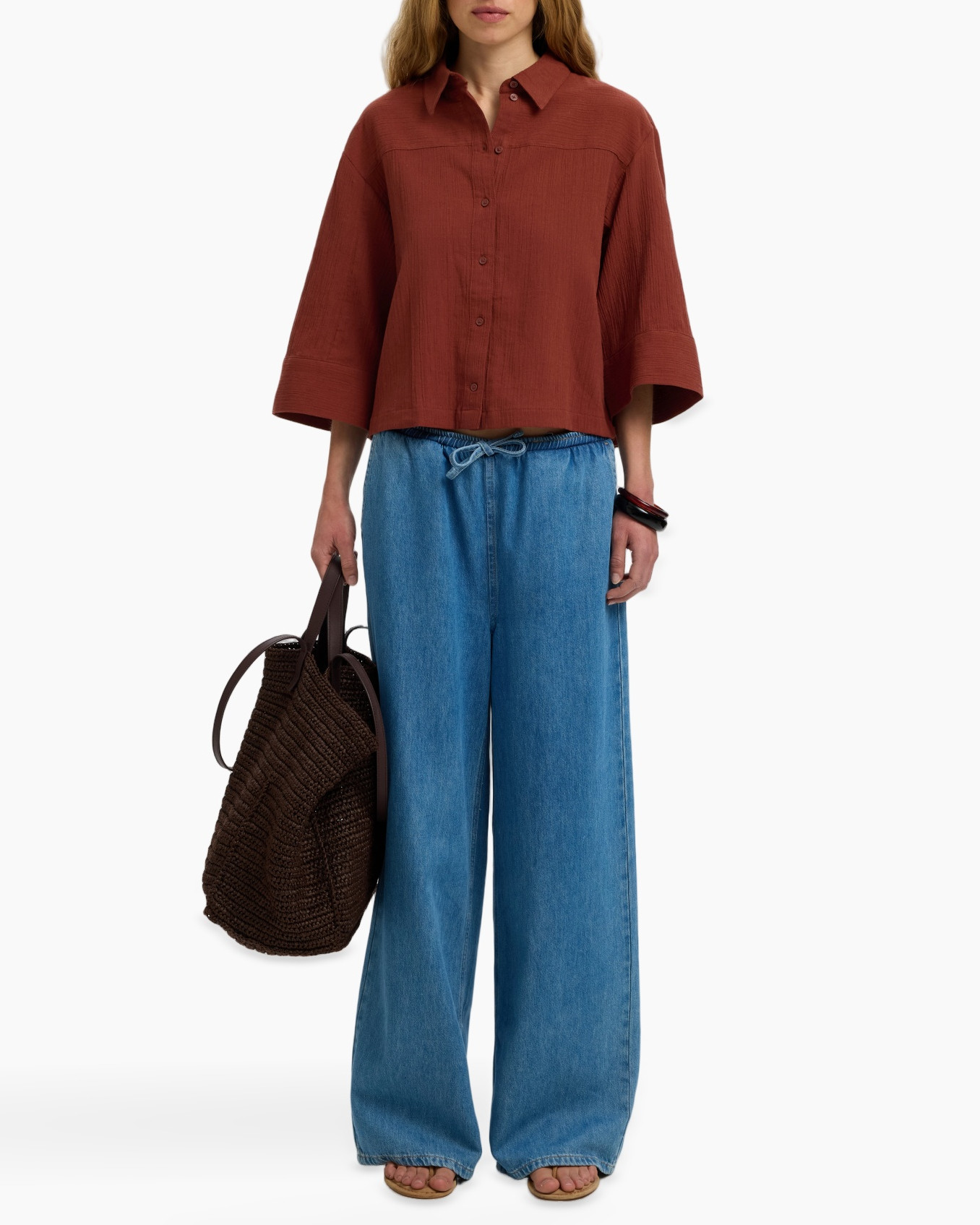 linen shirt, rust top, button-down, wide-leg jeans, straw bag