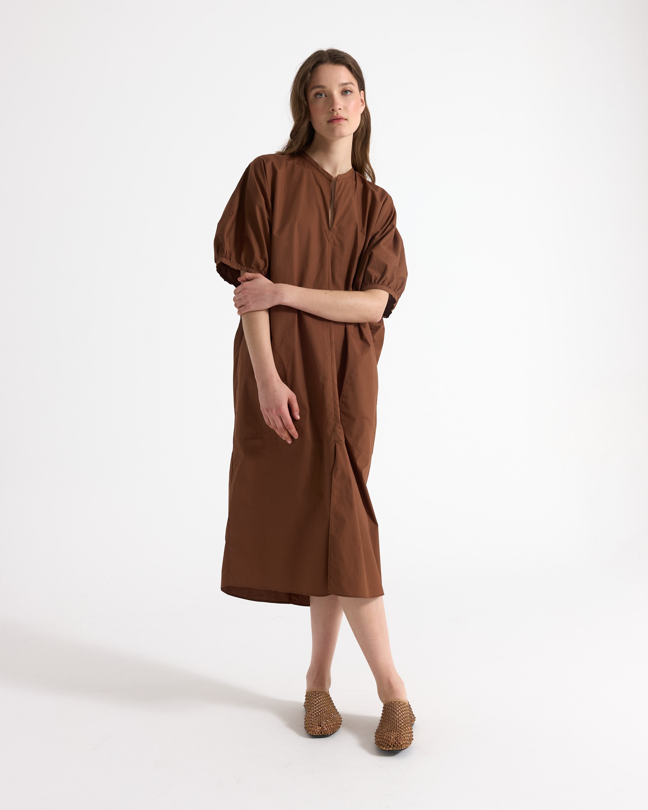 brown, dress, midi, tunic, short-sleeve