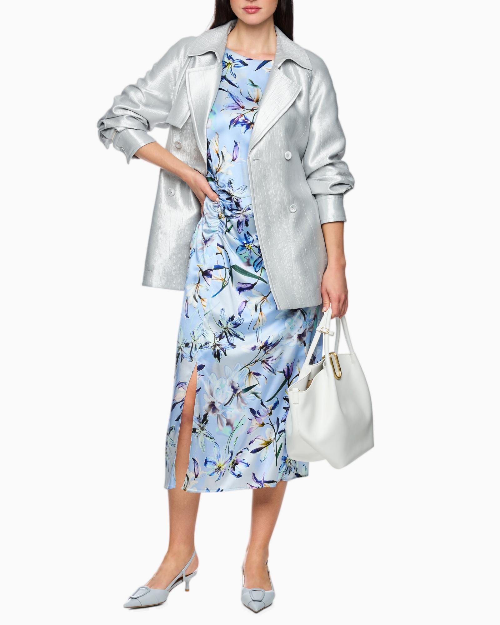 dress, silk, floral, mid-length, slit