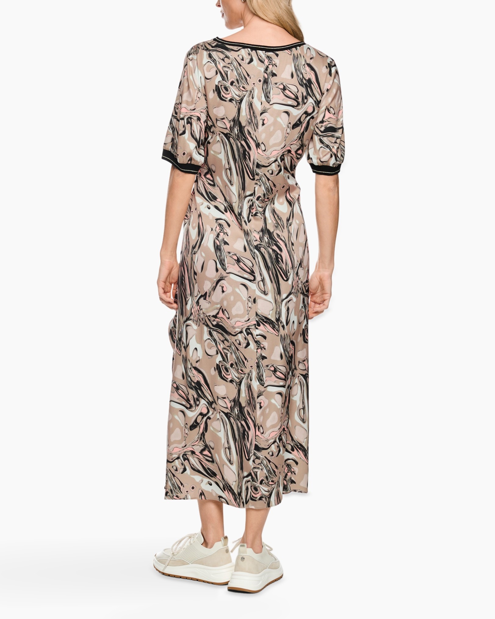 dress, midi dress, abstract print, slit, short sleeve