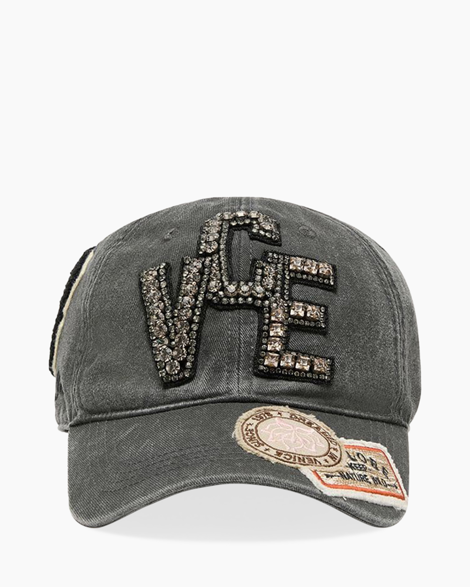 baseball cap, stone embellished, denim dark, front lettering, adjustable strap